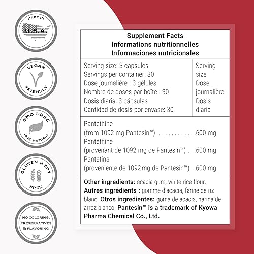 Miniatura 4 de Supersmart Pantesin Pantethine 600 mg por día (ácido pantoténico) - Suplemento activo de vitamina B5 - Metabolismo de lípidos saludable - Salud del