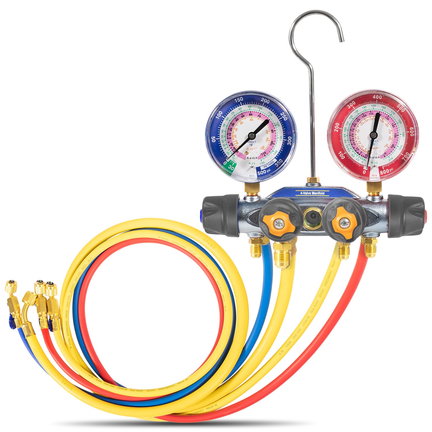 DearChan 49968 4-Valve Test and Charging Manifold, Degrees F with 60" Plus II Compact Ball Valve RYB and 3/8" x 45°, psi Scale, R22/404A/410A Refrigerant, Red/Blue Gauges