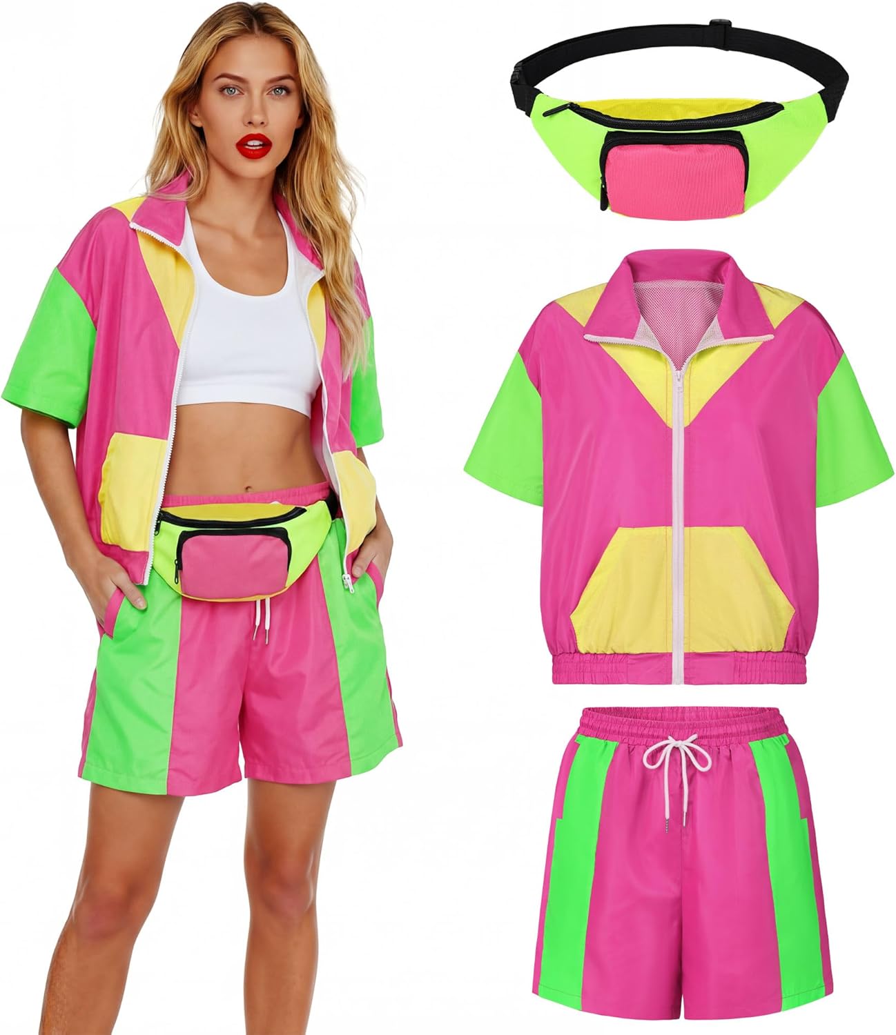 SOMSOC 3 Pieces 80s Tracksuit for Women Windbreaker Short Set with Fanny Pack Color Block Outfits for 80's 90's Party Costume