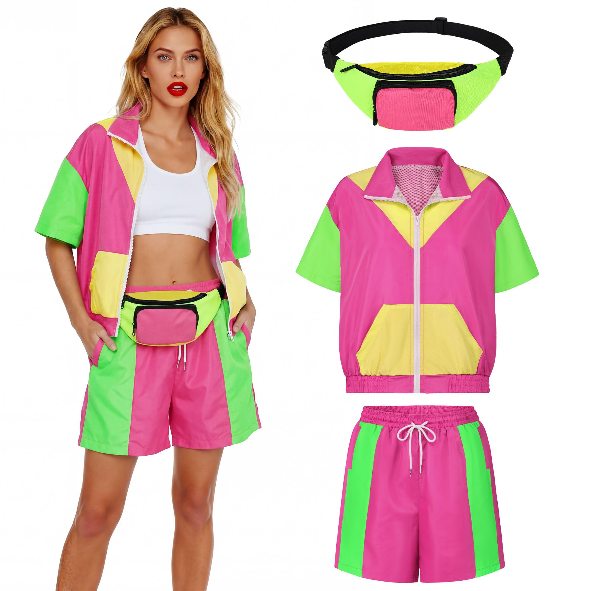 SOMSOC 3 Pieces 80s Tracksuit for Women Windbreaker Short Set with Fanny Pack Color Block Outfits for 80's 90's Party Costume, Hot Pink, X-Large