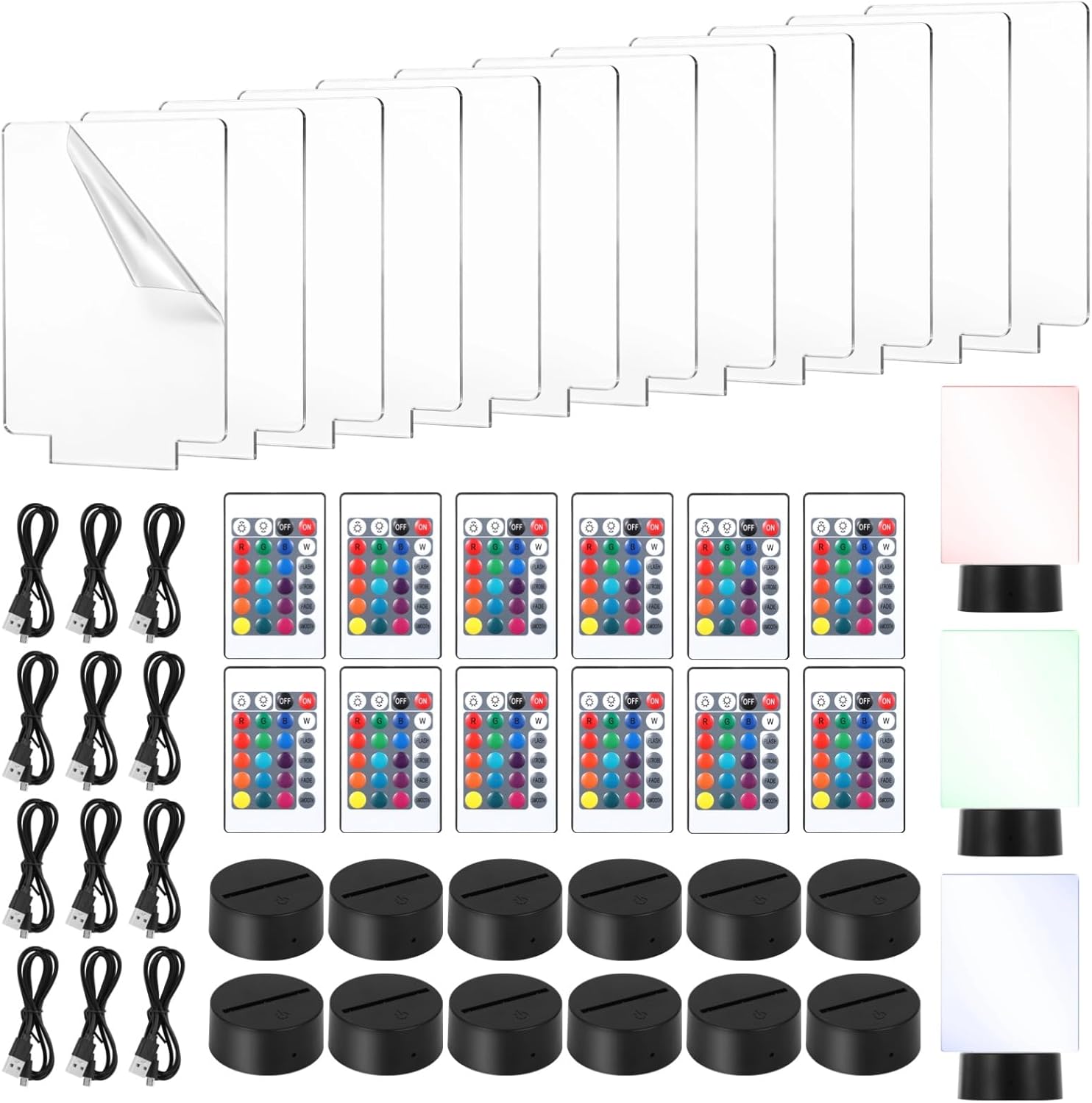12 Sets Led Light Base with Acrylic - Clear Square 3.8MM Acrylic Sheet and LED Night Light Display Base with Control USB Cable, 16 Colors 4 Modes