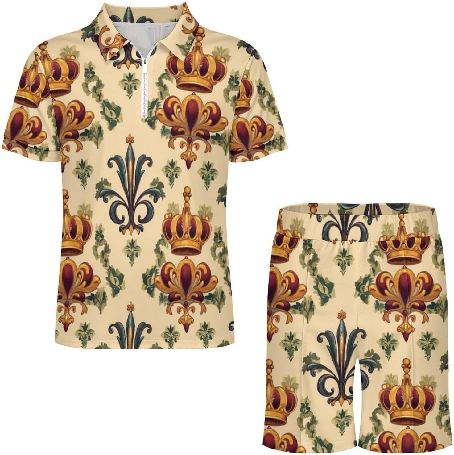 Crowns And Fleur-de-Lis Mens Polo Shirts Track Suits 2 Piece Short Sleeve Sweatsuit 1/4 Zip Golf Loungewear for Sports
