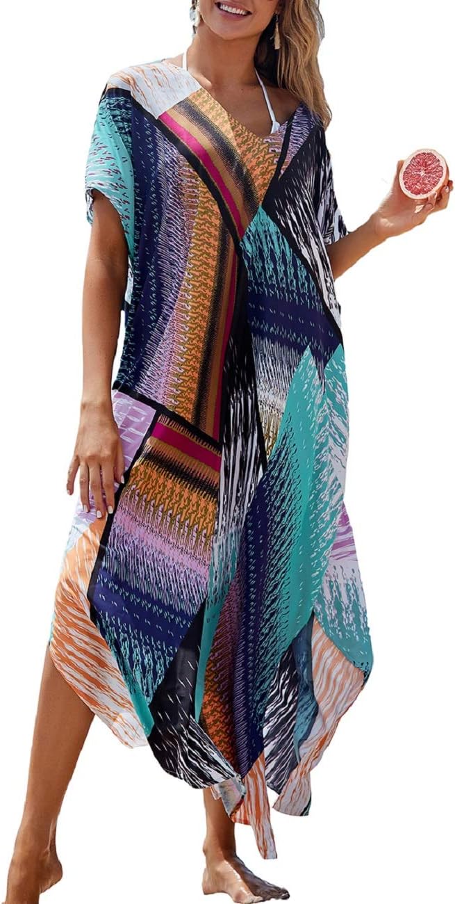 BsubseachWomen's Print Turkish Kaftan Beachwear Bikini Cover Up Maxi Dress