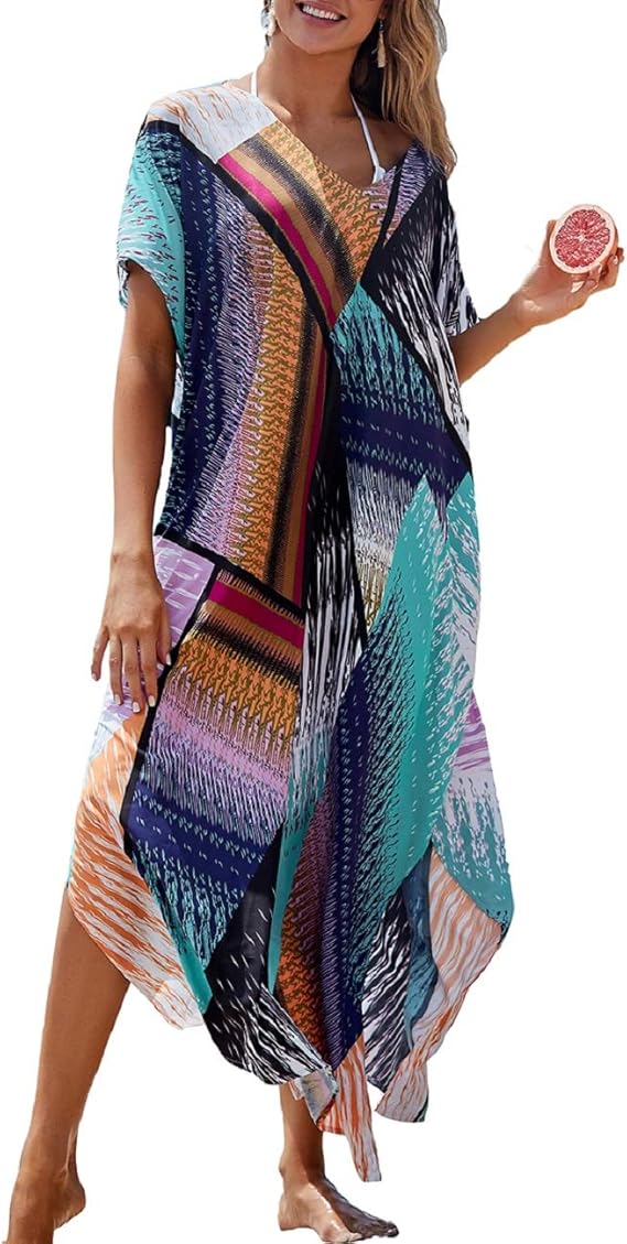 Bsubseach Womens Multicolor Print Beach Kaftan Dresses Short Sleeve