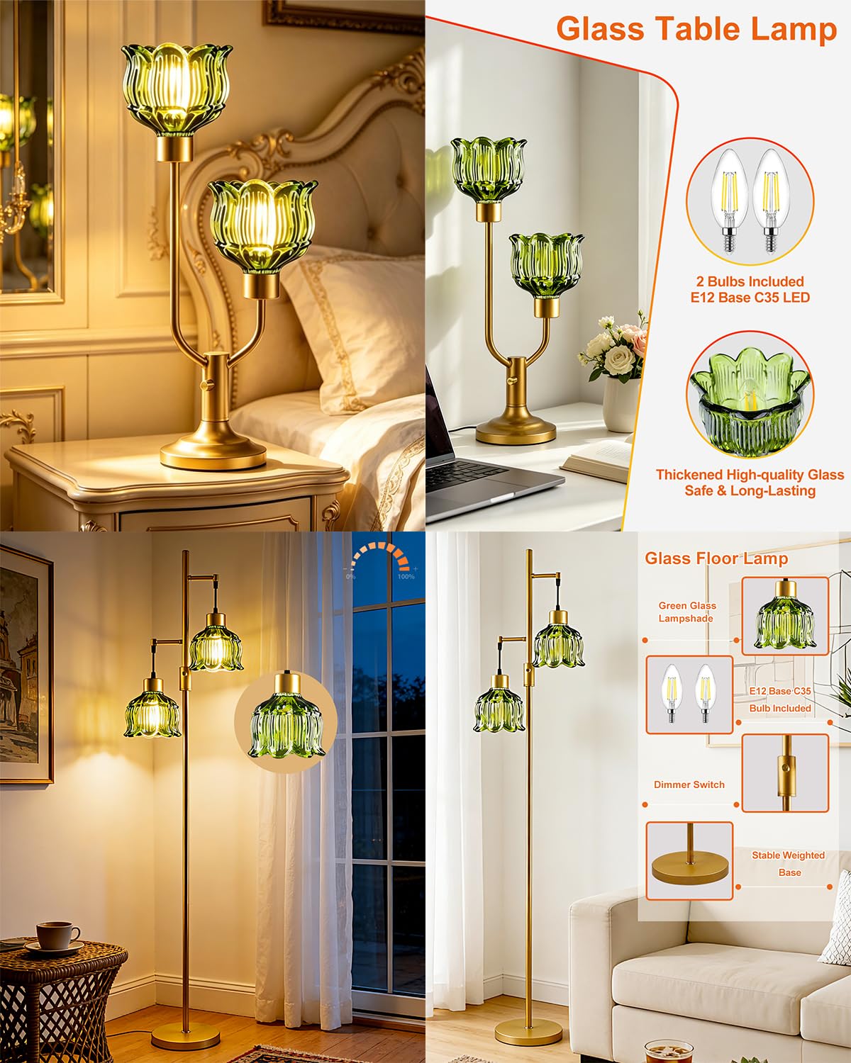 Lightdot Table Lamp &amp; 65IN Glass Floor Lamp Dimmable Bulbs Included Nightstand Lamp 3000K Warmwhite Ambient Bedside Lamps for Living Room Bedroom Girls Room Home Office Decor Gift