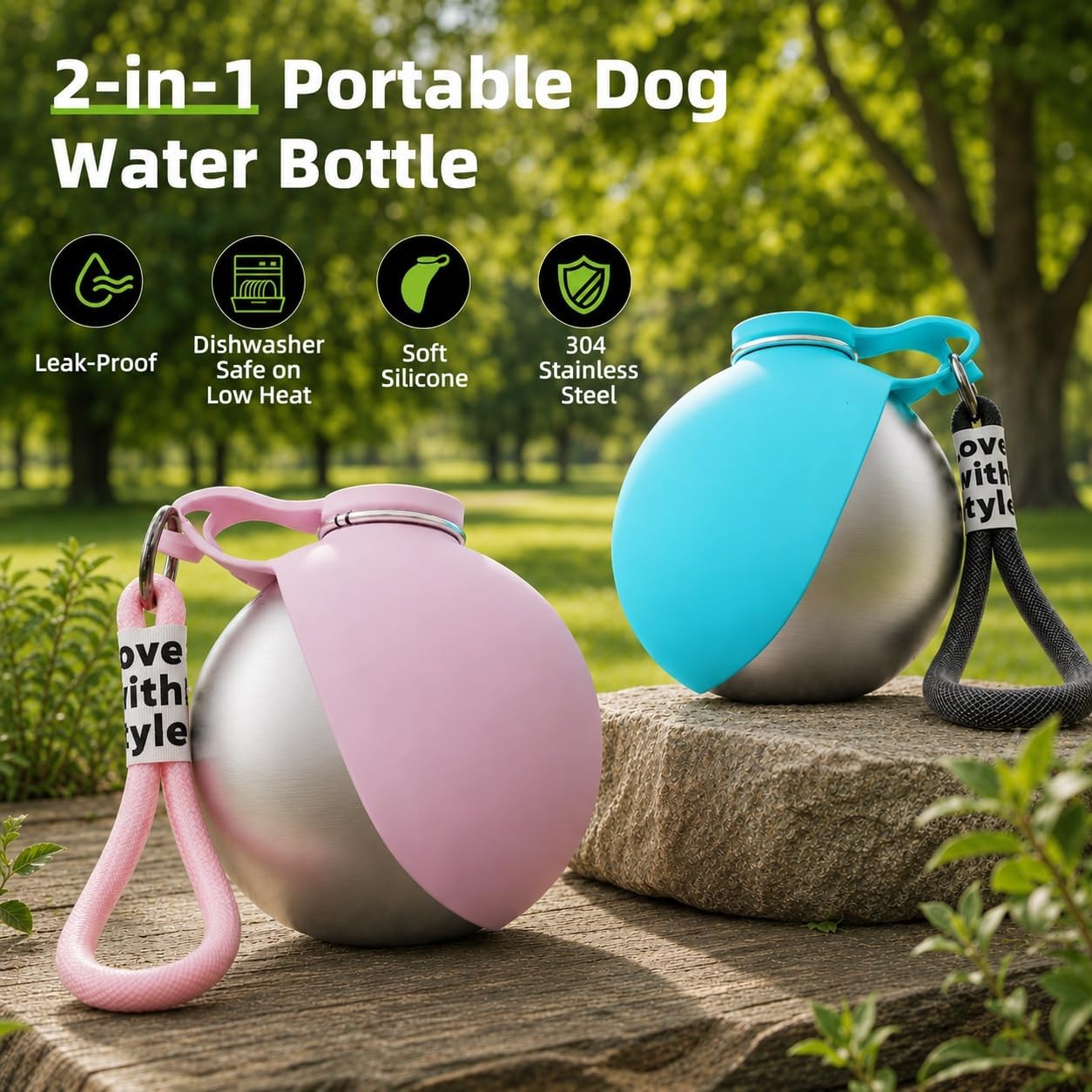 Portable Dog Water Bottle with Collapsible Silicone Bowl & Cleaning Brush | Stainless Steel Water Ball, 10 oz Portable Dog Water Bowl for Small Dog Puppy, Travel Pet Dispenser for Walking Hiking Beach