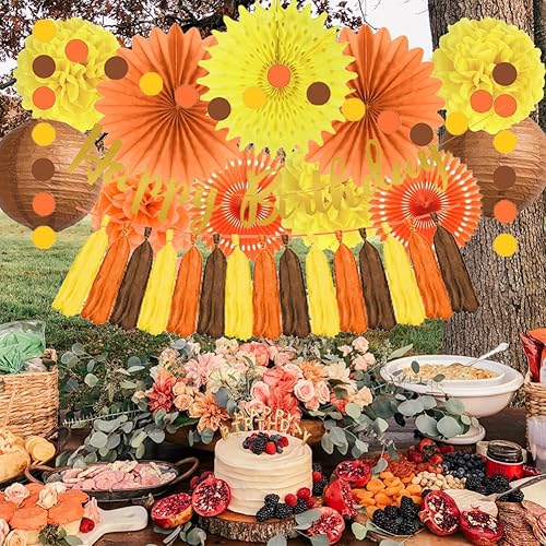 Miniatura 4 de Decoraciones de fiesta de cumpleaños de otoño, abanicos de papel naranja y amarillo, pompones de papel, faroles de papel marrón, borla de papel,