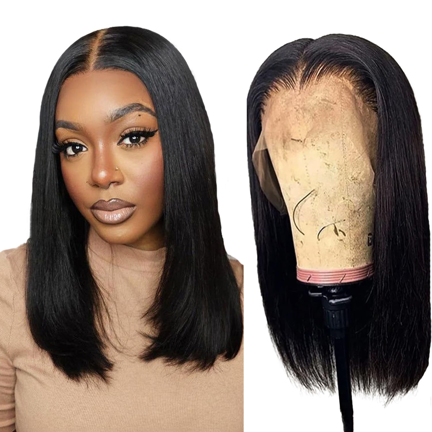 Straight Short Bob Wig Human Hair Natural Black Bob Wig for Women Straight Wigs Human Hair 13X4 HD Lace Front Wigs Human Hair Pre Plucked 180% Density Natural Color 180% Density 14 Inch