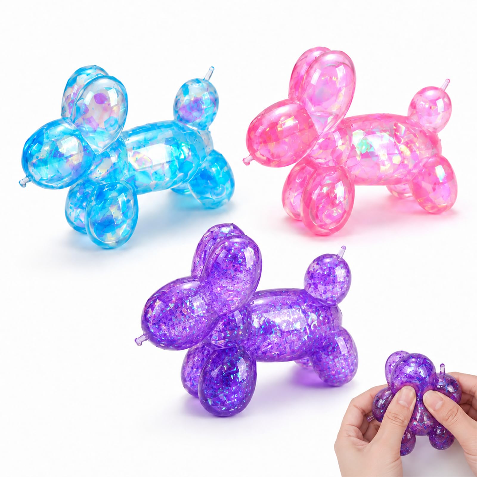 3 PCS Dog Squishy, Balloon - Inspired Canines in Blue Glitter, Pink Glitter & Purple Maltose, Ideal for Home Decorators, Office Desk Adorers, and Squishy Collectors