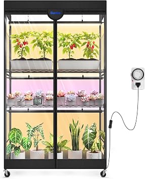 Barrina LP900 Indoor Greenhouse with 3 Full Spectrum Modes Light, 4 Tier | 135W TX-S45 3FT, DIY Height, Plant Shelf with Tent for Seedling and Tropical Plants, Timer& Thermometer, 47.2 x 13.8 x 59.1IN