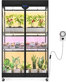 Barrina LP900 Mini Greenhouse with Grow Lights, 4-Tier Plant Stand with135W TX-S45 3FT 3 Dimmable Full Spectrum Lights , Plant Shelf with Tent Timer & Thermometer for Seed Trays 35.4 x 13.8 x 59.1IN
