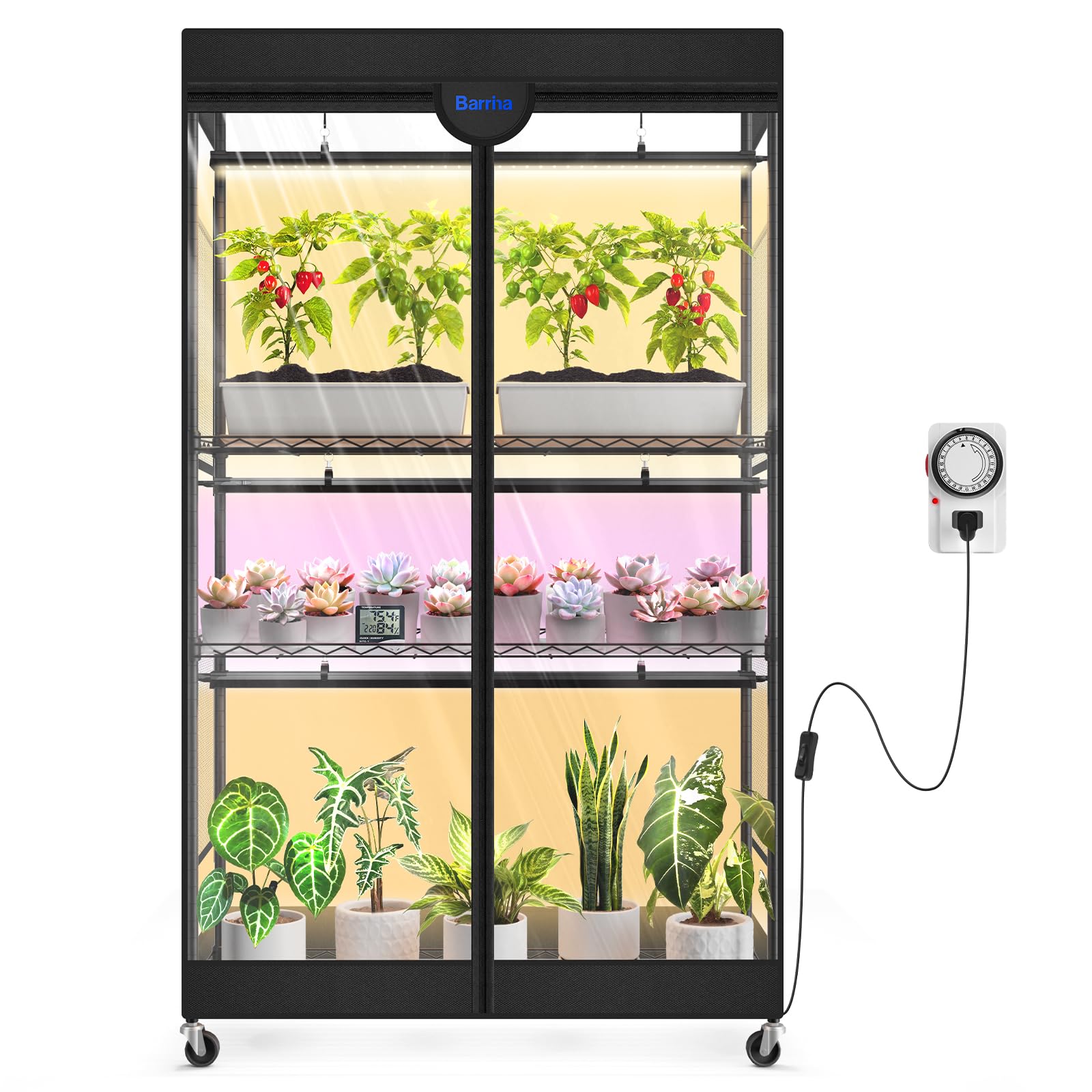 Condition photo showing New/Like New for barrina lp900 mini greenhouse with grow lights, 4-tier plant stand with 135w tx-s45 3ft 3 adjustable full spectrum lights , plant shelf with tent timer & thermometer for seed 35.4 x 13.8 x 59.1in