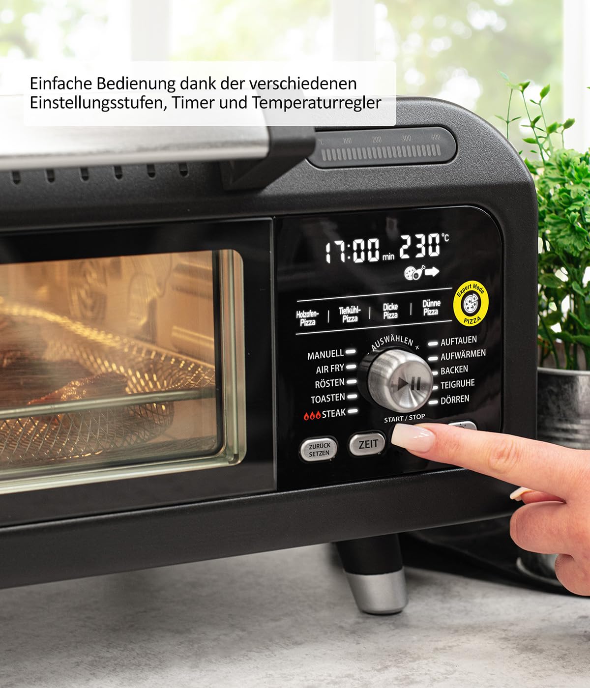 Genius Chef Four à pizza électrique, 10 en 1, 8 pièces, 400 °C, 2000 W, Airfryer intégré, grill à steak, pierre à pizza et pelle à pizza incluses, 4 modes, maintien au chaud avec triple vitrage