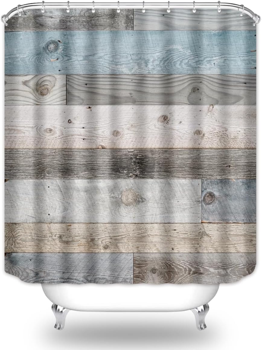Rustic Wooden Board Shower Curtain Farmhouse Barn Door Blue Teal Floor Vintage Wood Waterproof Polyester Fabric Bathroom Decor Sets 72 x 72 Inches with 12pcs Plastic Hooks