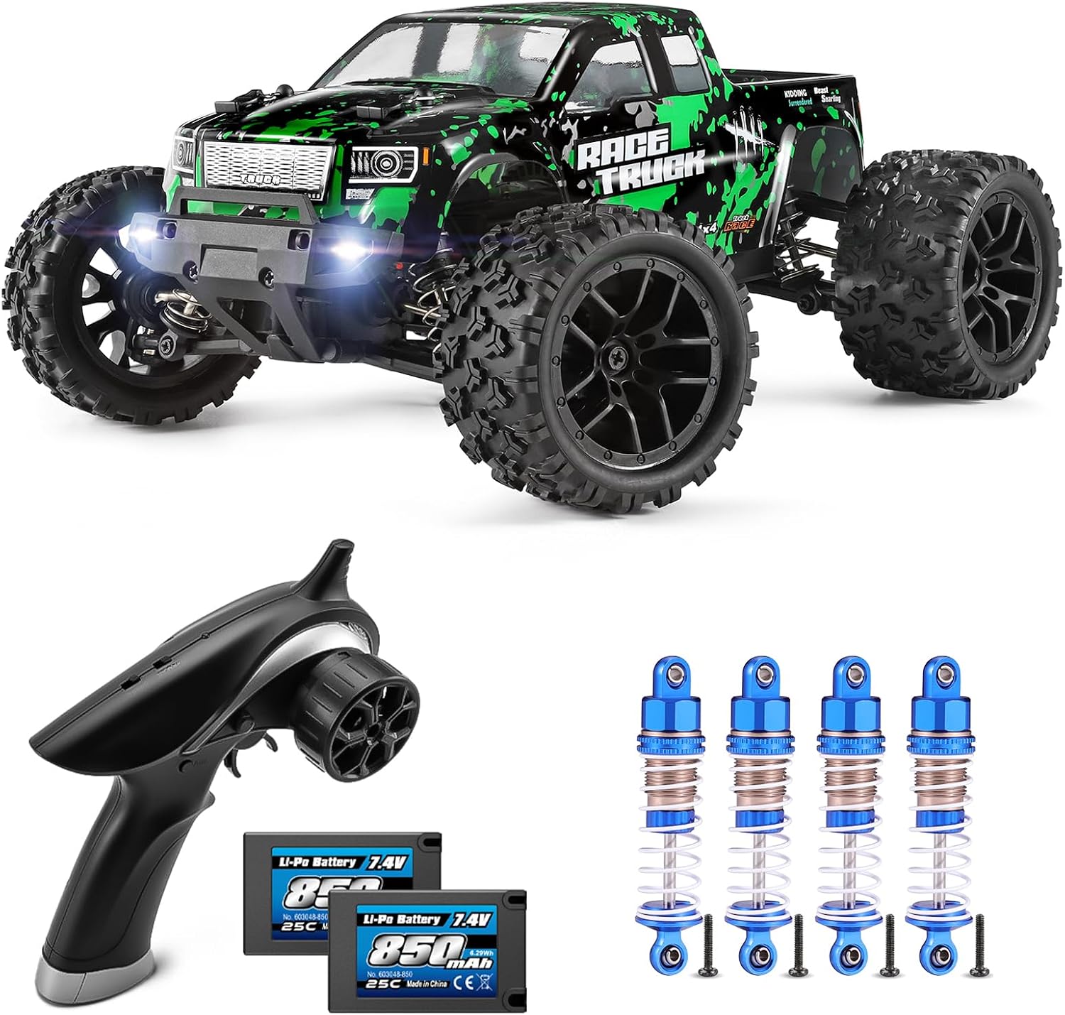 HAIBOXING 18859 Green 1:18 RC Truck Bundle with 18HOP1 Metal Shocks