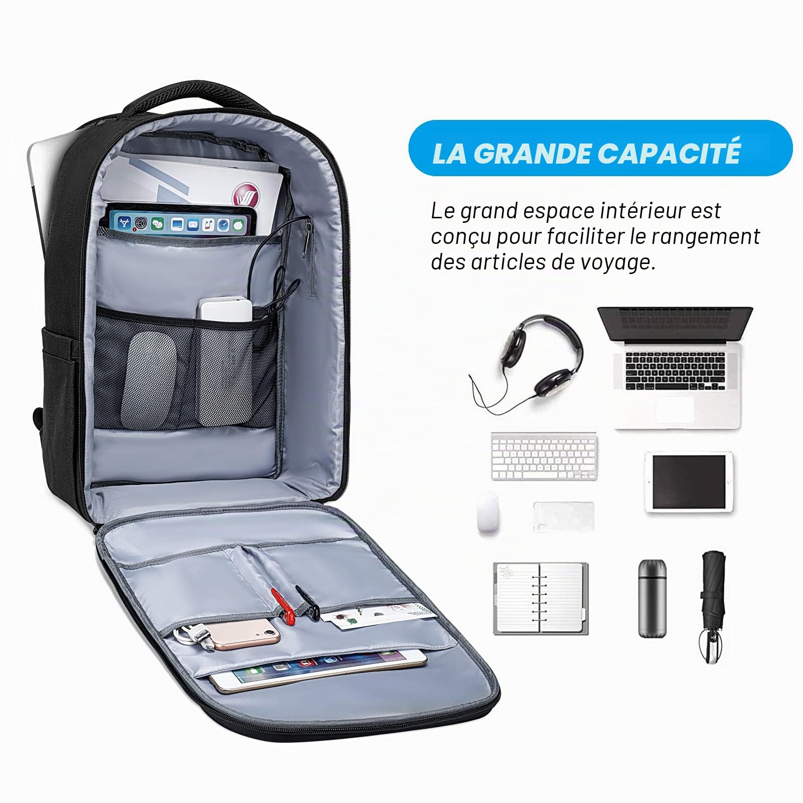 MOSISO 15,6-16 Pouces Sac à Dos avec USB Port Chargement pour Femmes Hommes, Coquille Dure Voyager Entreprise Ordinateur Sac, Antivol Décontracté Daypack avec Bagage Sangle,Noir
