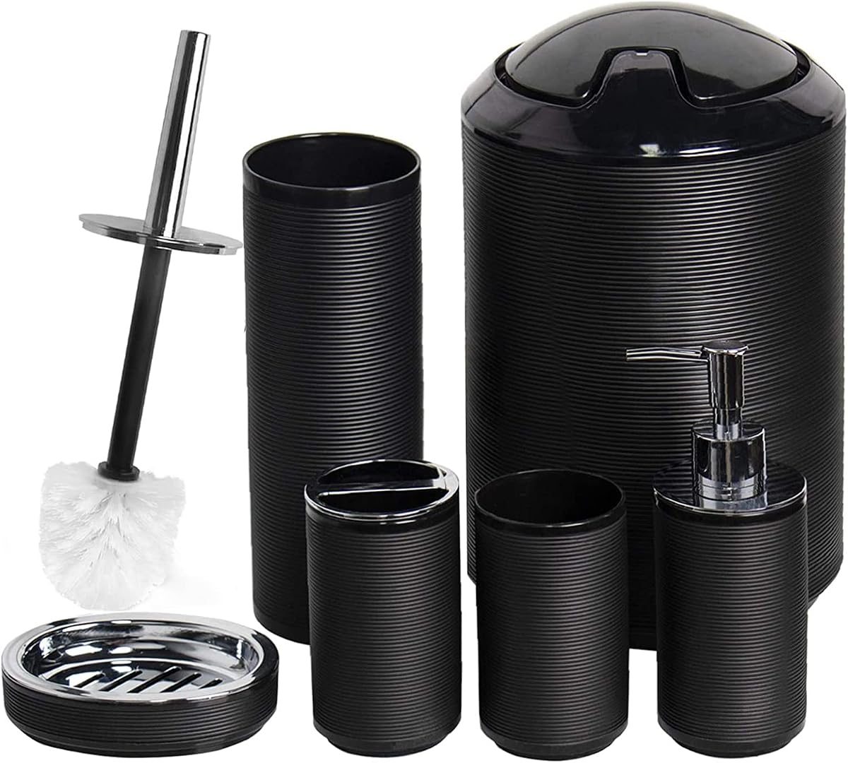 Bathroom Accessories Set 6 Piece Spiral Pattern Bath Ensemble,Black | Includes Soap Dispenser, Toothbrush Holder, Toothbrush Cup, Soap Dish for Decorative Countertop and Housewarming Gift