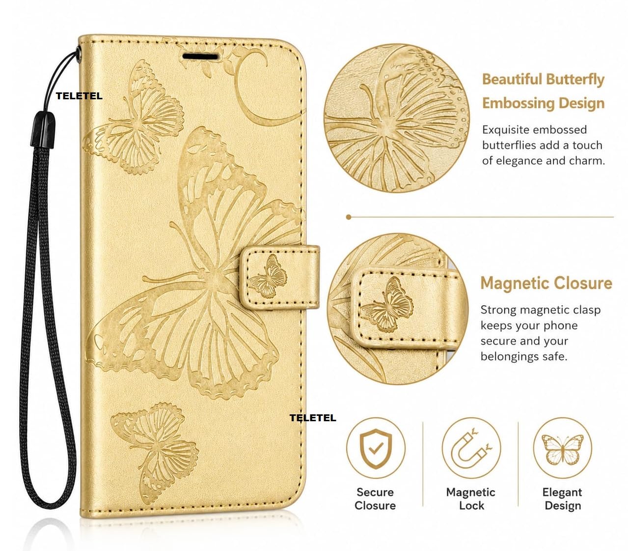 TELETEL Diva Series Butterfly Embossing Pu Leather Flip Wallet Case Cover with Card Holder | Magnetic Closure (Gold) for Redmi Note 11 & Redmi Note 11S 2