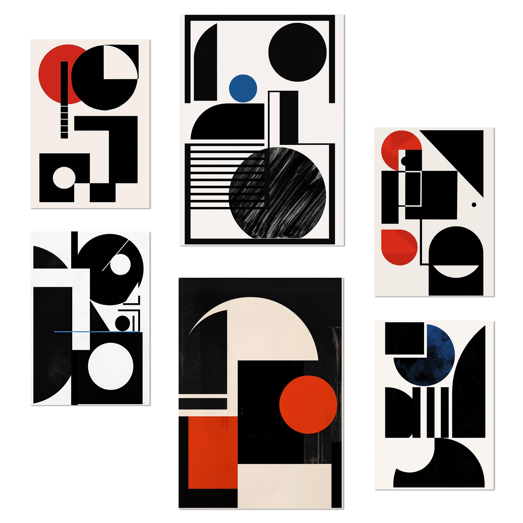 Nacnic Set of 6 Bauhaus Red Black Blue Posters with design illustration to decorate the walls of home. Rooms, office, shop