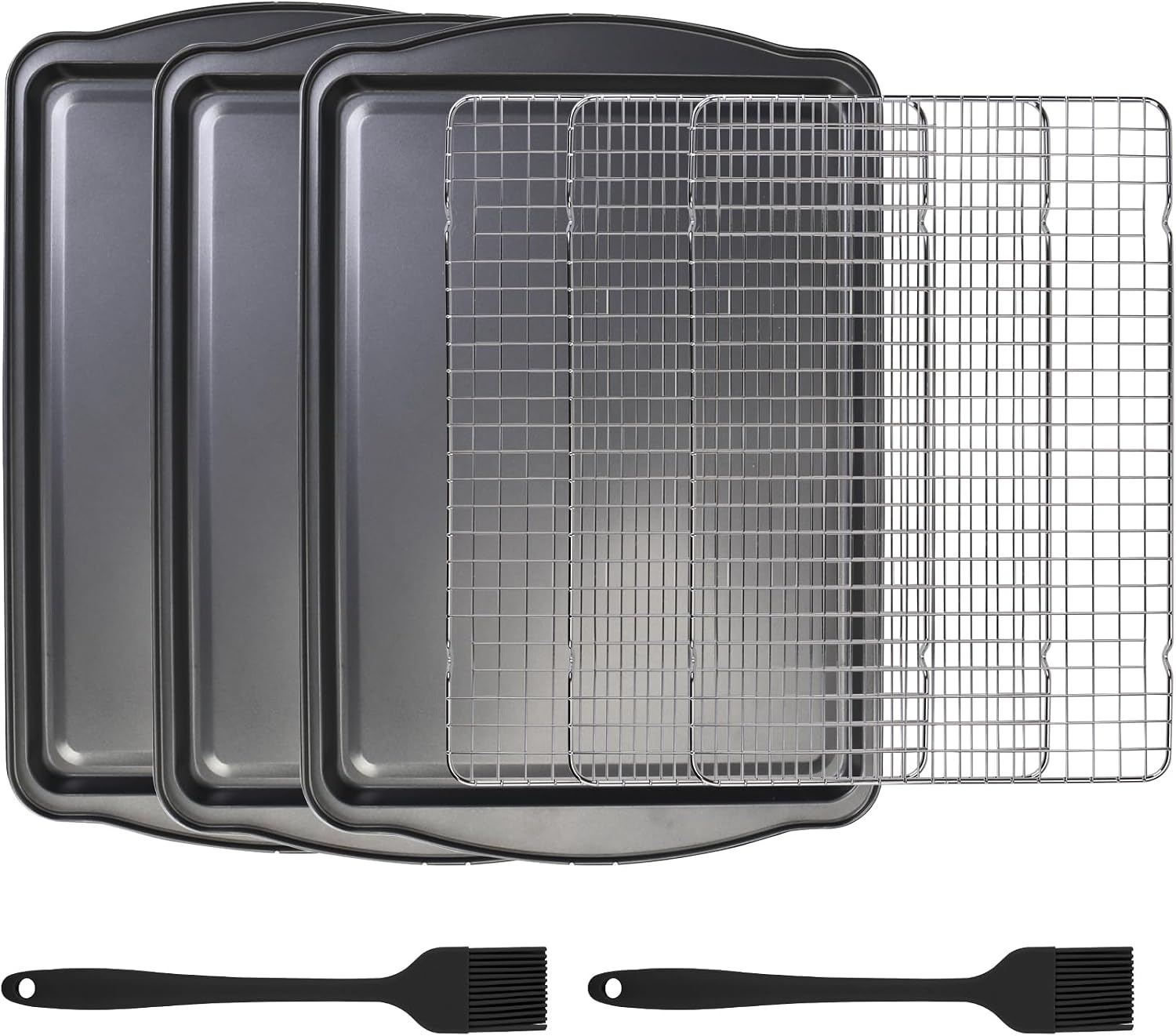 ShineMe Baking Sheet Pan with Cooling Rack 3 Pack, Nonstick Sheet Pan with Wire Rack and Silicone Pastry Brush, Carbon Steel Baking Pans for Cookie, Bacon and Vegetables 17x12x0.5in