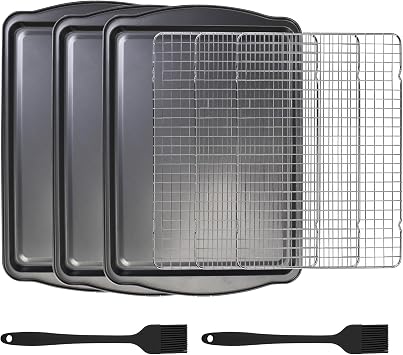 ShineMe Baking Sheet Pan with Cooling Rack 3 Pack, Nonstick Sheet Pan with Wire Rack and Silicone Pastry Brush, Carbon Steel Baking Pans for Cookie, Bacon and Vegetables 17x12x0.5in