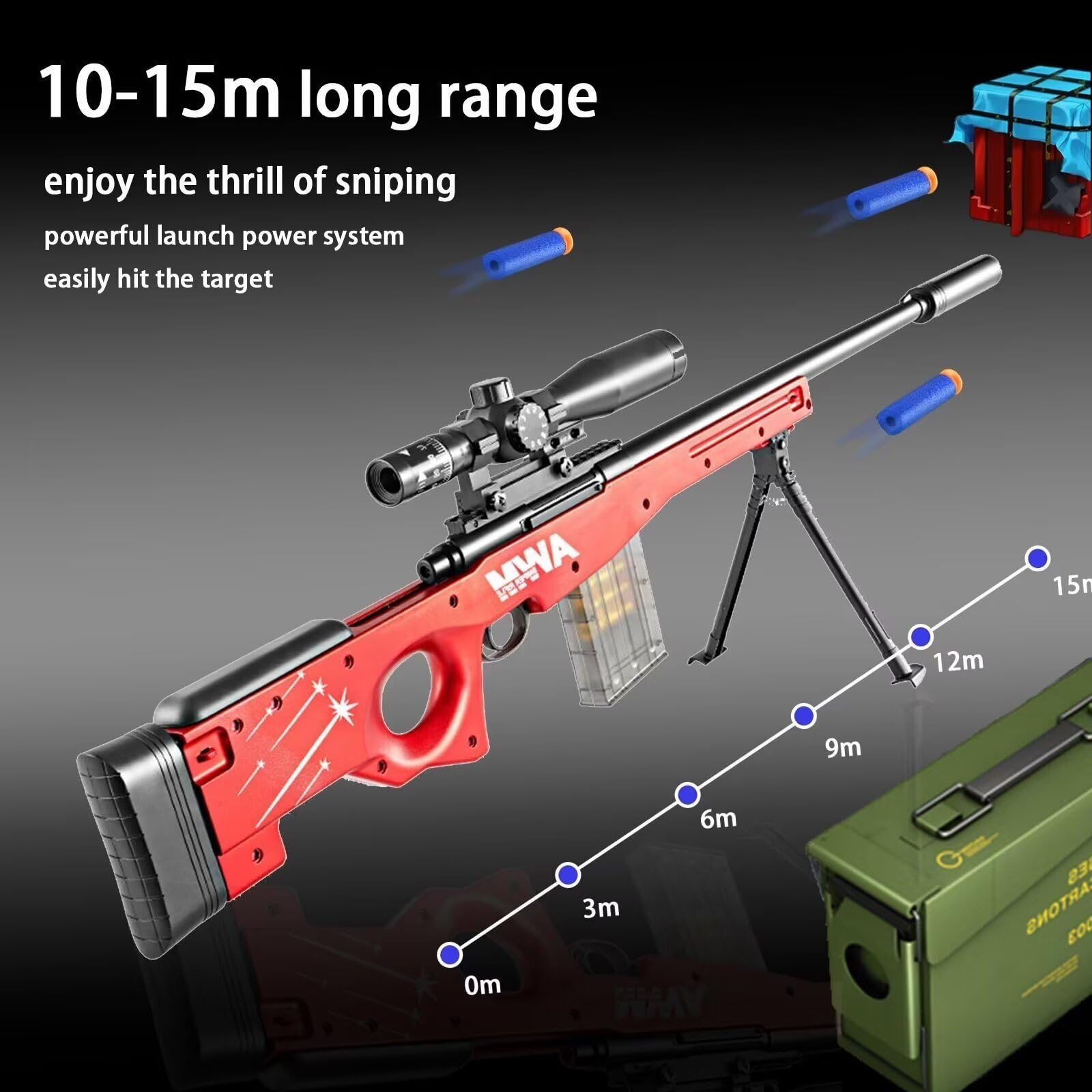 Fusil Sniper AWM Jouet 130 Cm – Mécanisme à Verrou Avec éjection De Douilles, Balles En Mousse, Portée 15 M, Avec Lunette Et Bipied, Dès 6 Ans – Doré