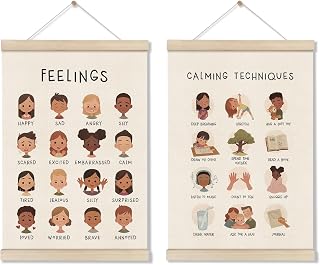 DOI-LANEE Feelings Chart 16x12 Inch, Mental Health Poster Hanger Frame, Montessori Emotions Poster Wall and Therapy Office Decor, Psychology Gifts, Set of 2 Preschool Classroom Decor