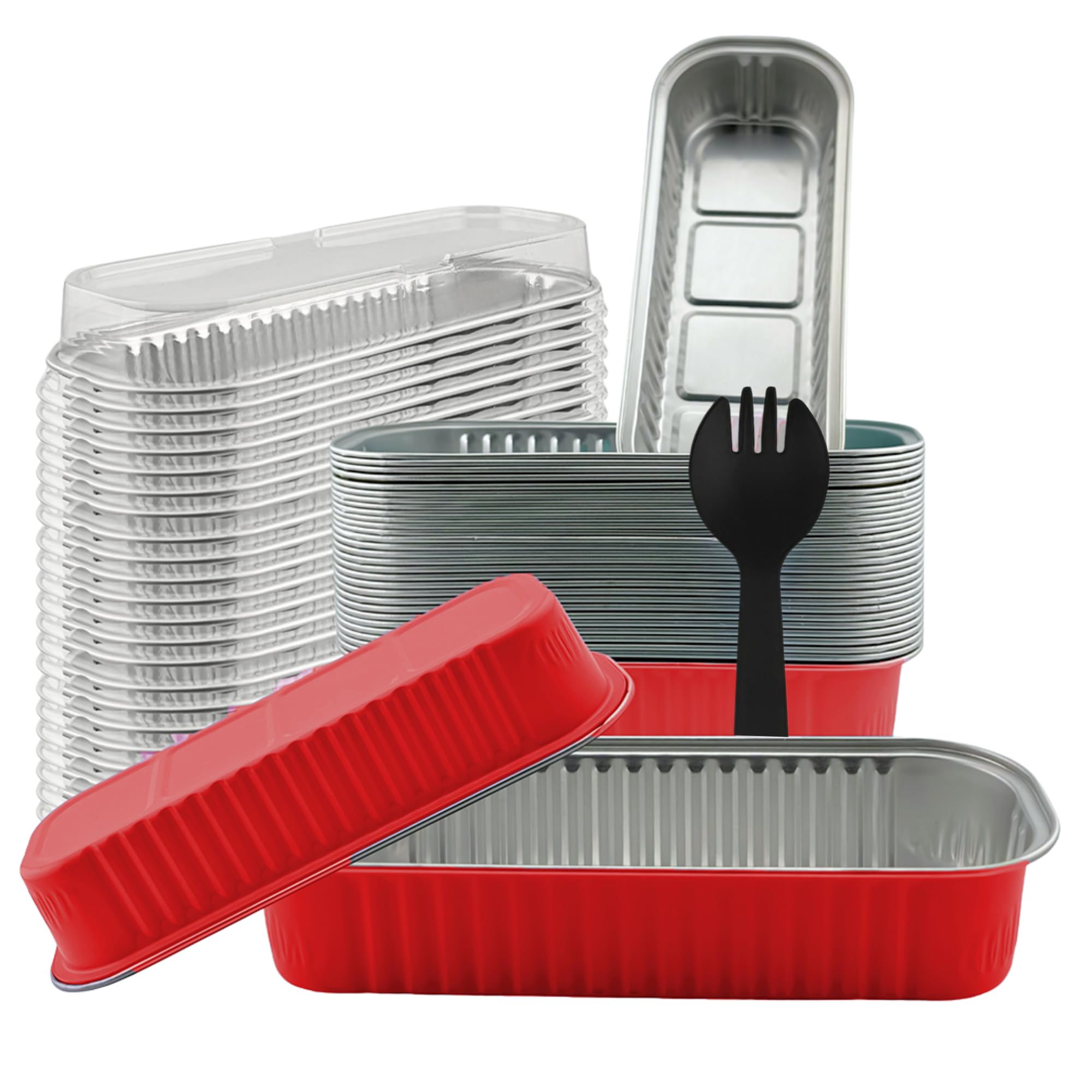 SISNOX 50 Packs of Disposable Mini Loaf Pans with Lids and Spoons, Rectangular Aluminum Foil Mini Baking Pans for Small Cakes, Cookie, Muffins, Tins Bread & Brownies (Red)