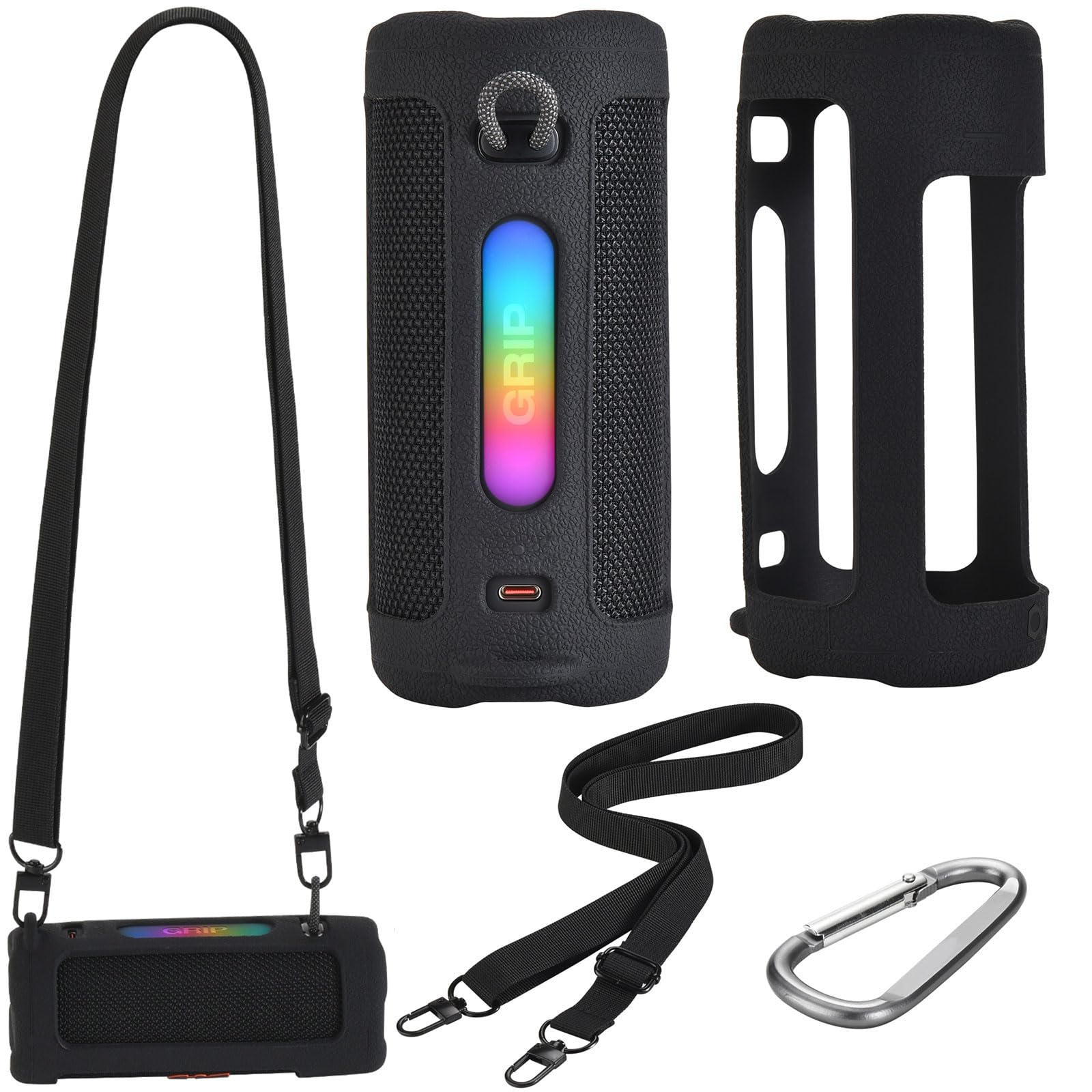 Silikon Hülle Schutzhülle für JBL Grip mit Schultergurt & Karabiner, Tragbare Reisehülle Tragetasche Case (Schwarz)