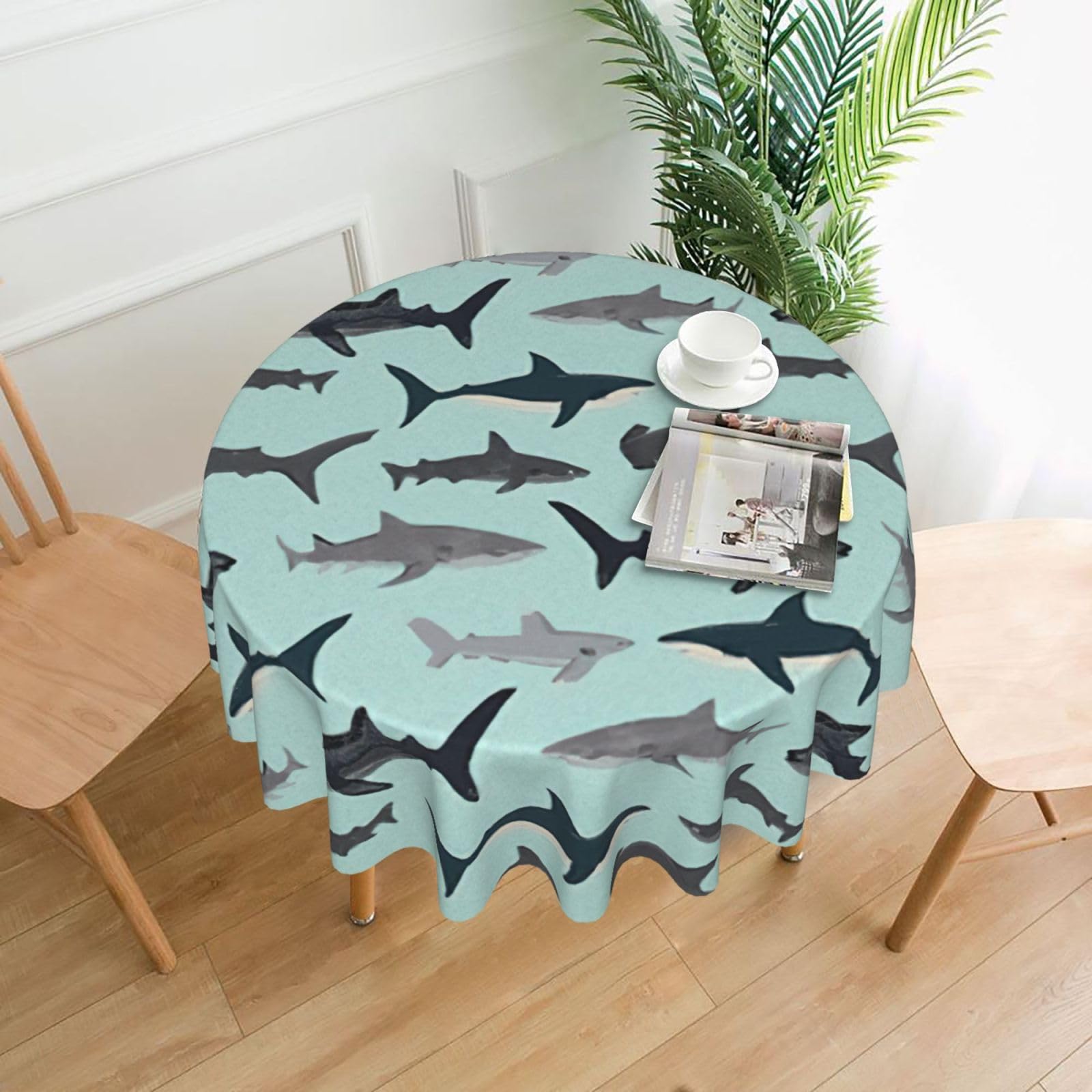 SDEGTHO Shark Print Modern Retro Round Tablecloth 60in Polyester Fabric Cover for Party Dining Table Washable