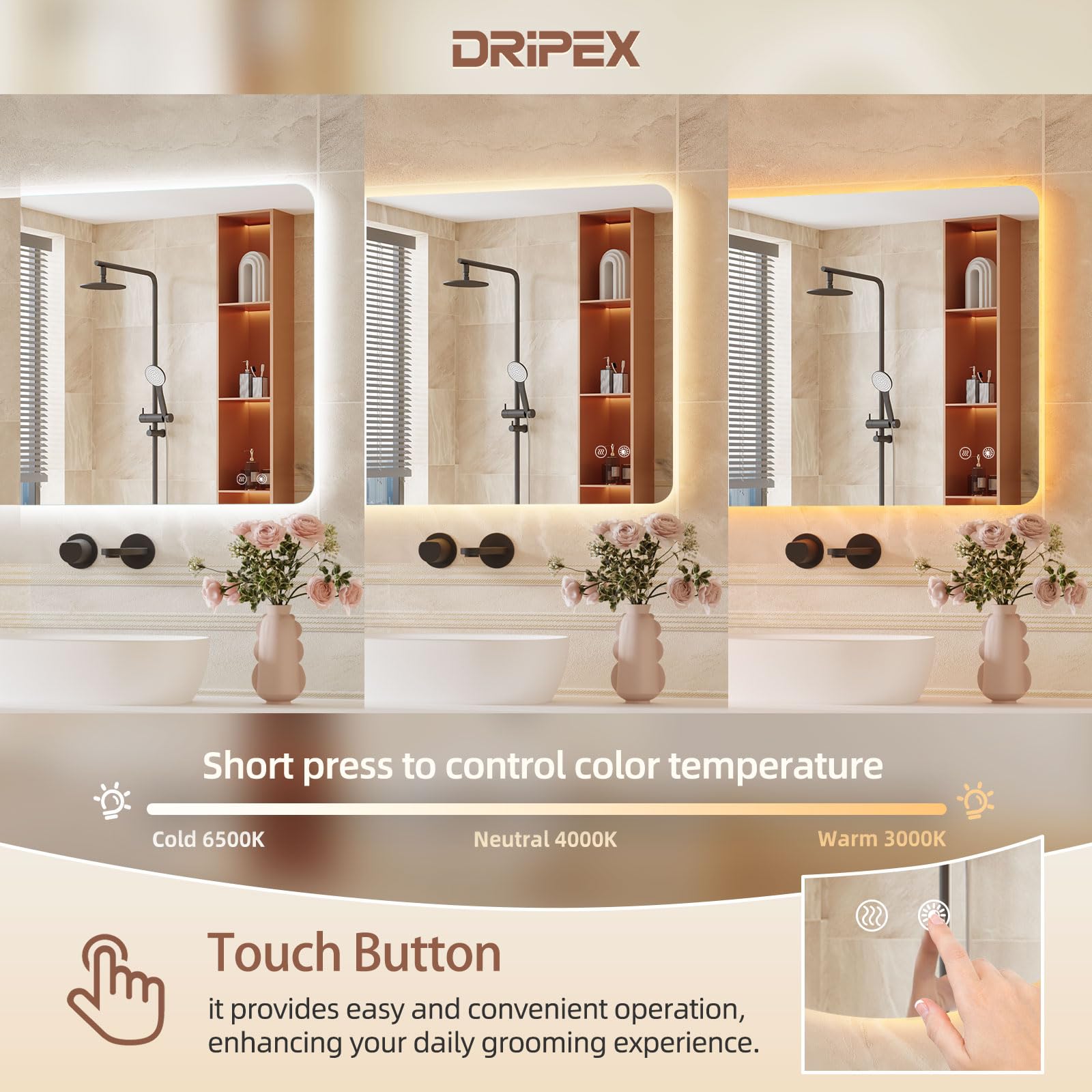Dripex Specchio Bagno LED 50x70 cm, Specchio da Trucco con retroilluminato Anti Nebbia 3 Temperature Colore e Dimmerabile Specchio Luce da Parete Moderno con Smart