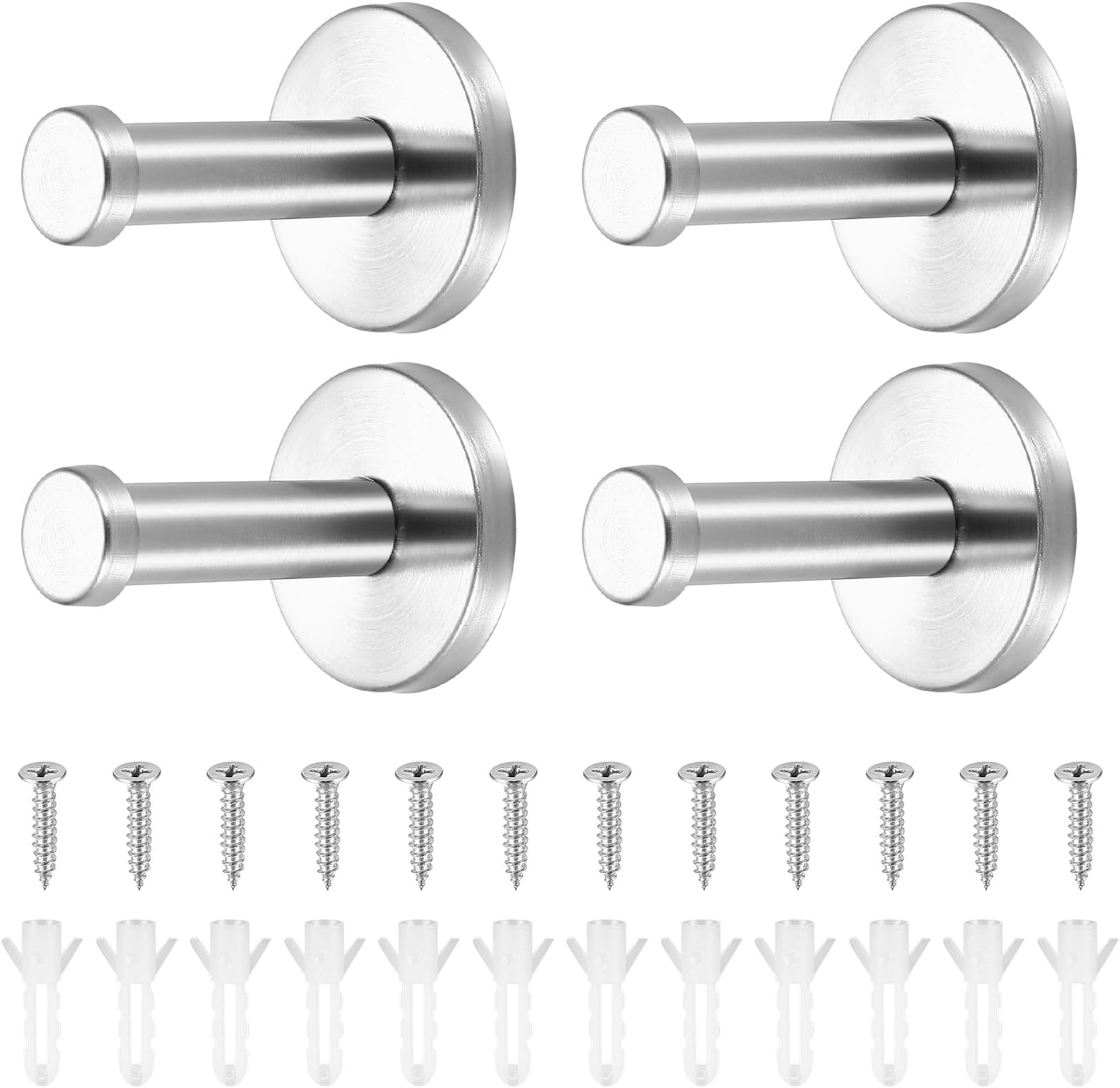 HAOCHEN 4 Pcs Silver Round Wall Hooks, Bathroom Towel Hooks, Stainless Steel Concealed Coat Robe Hooks Wall Mounted Heavy Duty for Bathroom/Kitchen/Bedroom Hotel Hooks, with Fixing Screws