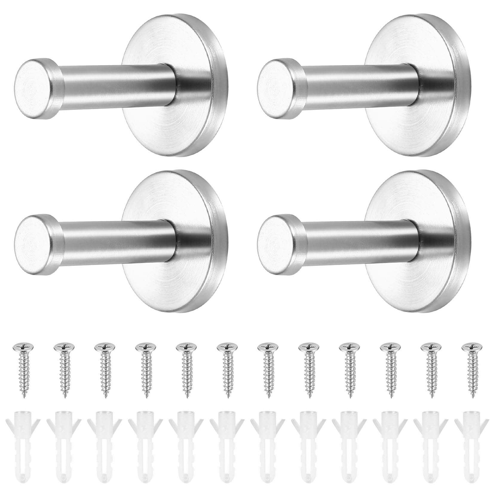 HAOCHEN 4 Pcs Silver Round Wall Hooks, Bathroom Towel Hooks, Stainless Steel Concealed Coat Robe Hooks Wall Mounted Heavy Duty for Bathroom/Kitchen/Bedroom Hotel Hooks, with Fixing Screws