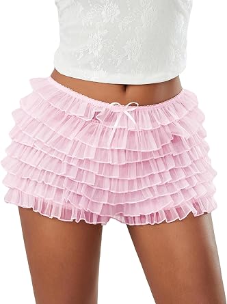 Women Lace Ruffle Bloomer Layered Lolita Low Waist Short Pant with Bow
