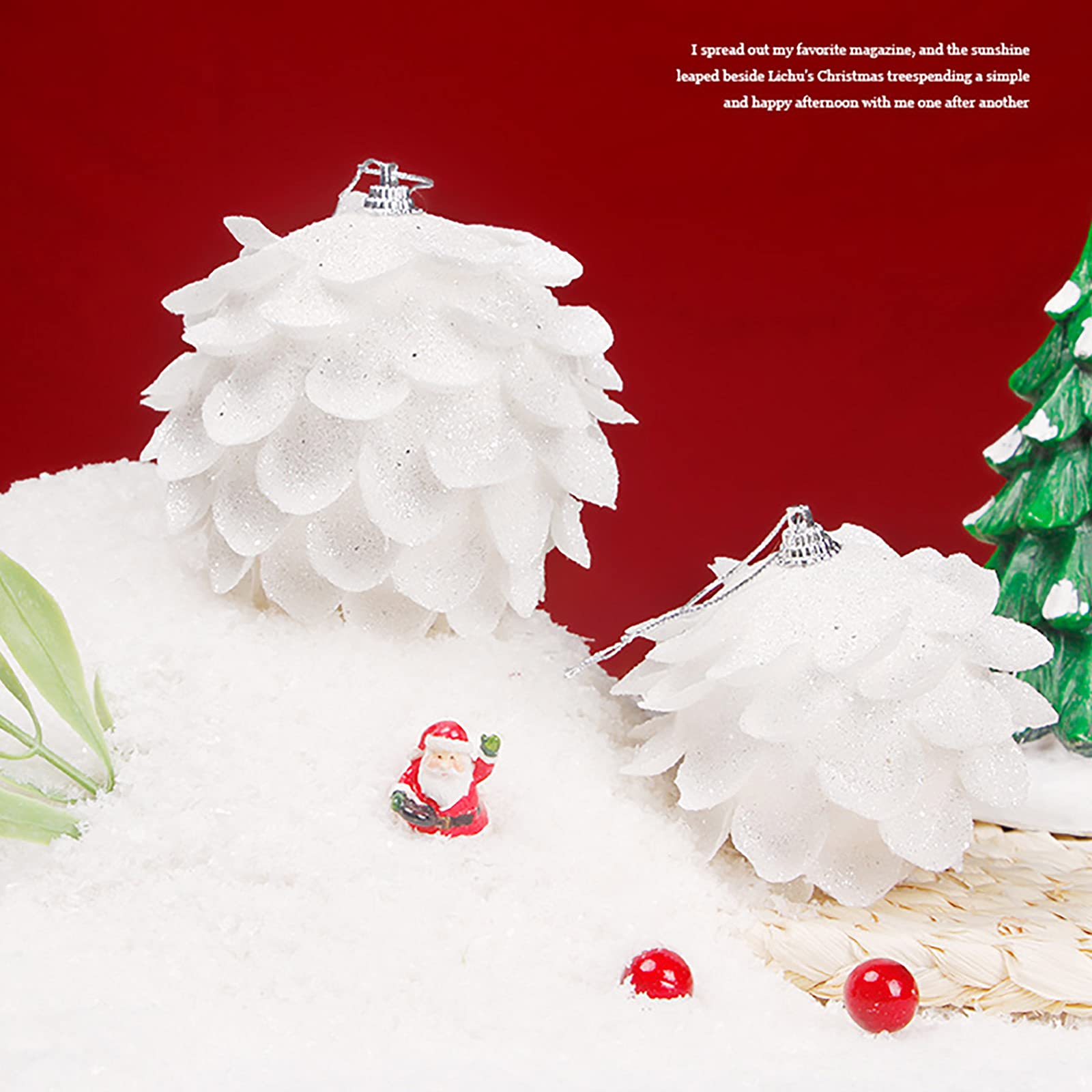 Bolas de Navidad, suministros de decoración, 6 piezas colgantes de bolas de Navidad, bolas colgantes de espuma con purpurina blanca como la nieve de 3,9 pulgadas con pétalo, adornos de bolas de árbol