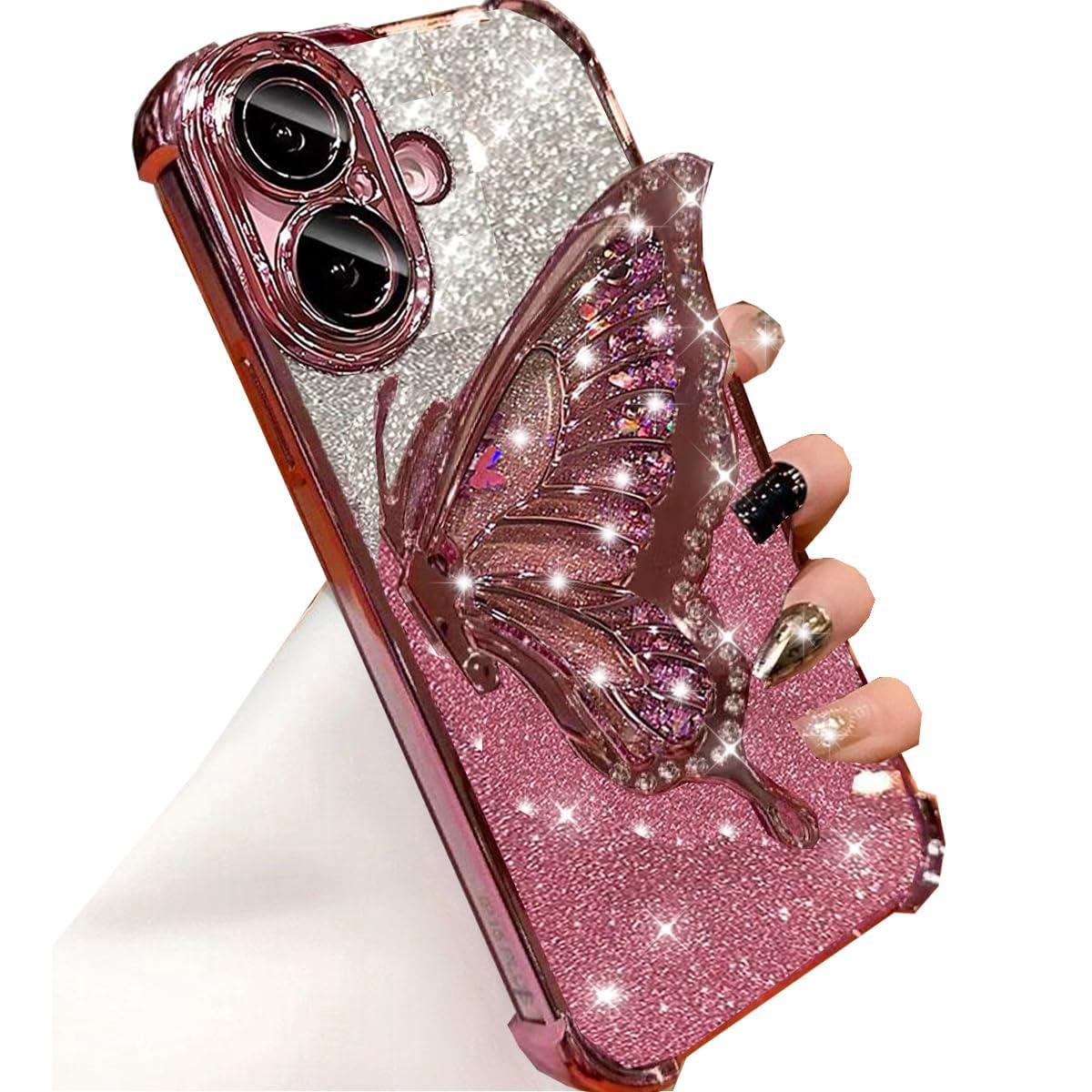 Changjia for iPhone 16 Plus Glitter 3D Butterfly Case, Cute Bling Sparkle Liquid Flowing Diamond Foldable Butterfly Kickstand with Camera Lens