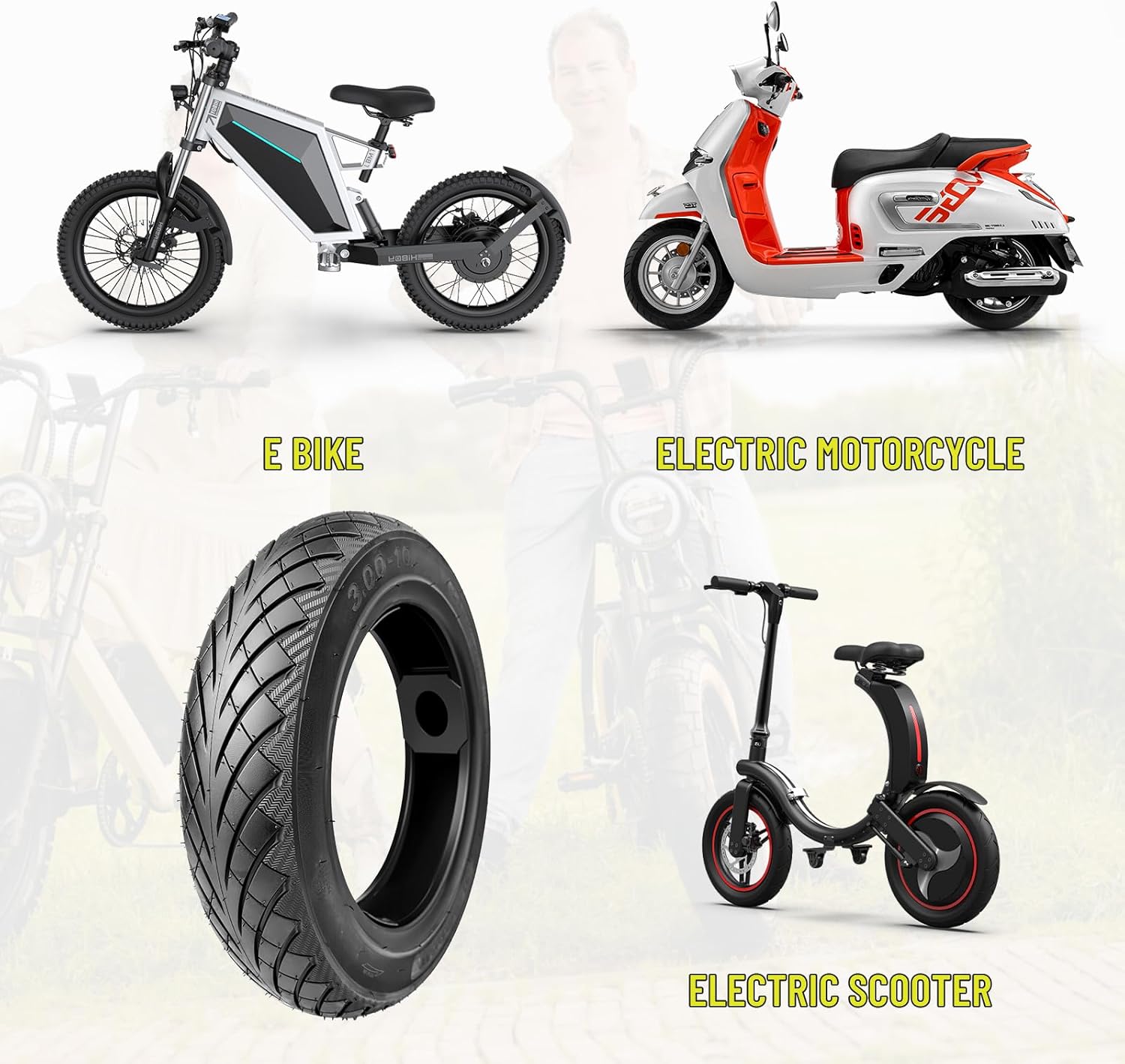 3.0-10 E-Bike Tire - Puncture Resistant Vacuum Tire with Valve Stem & Core Tool, Excellent Grip for Urban Pavement