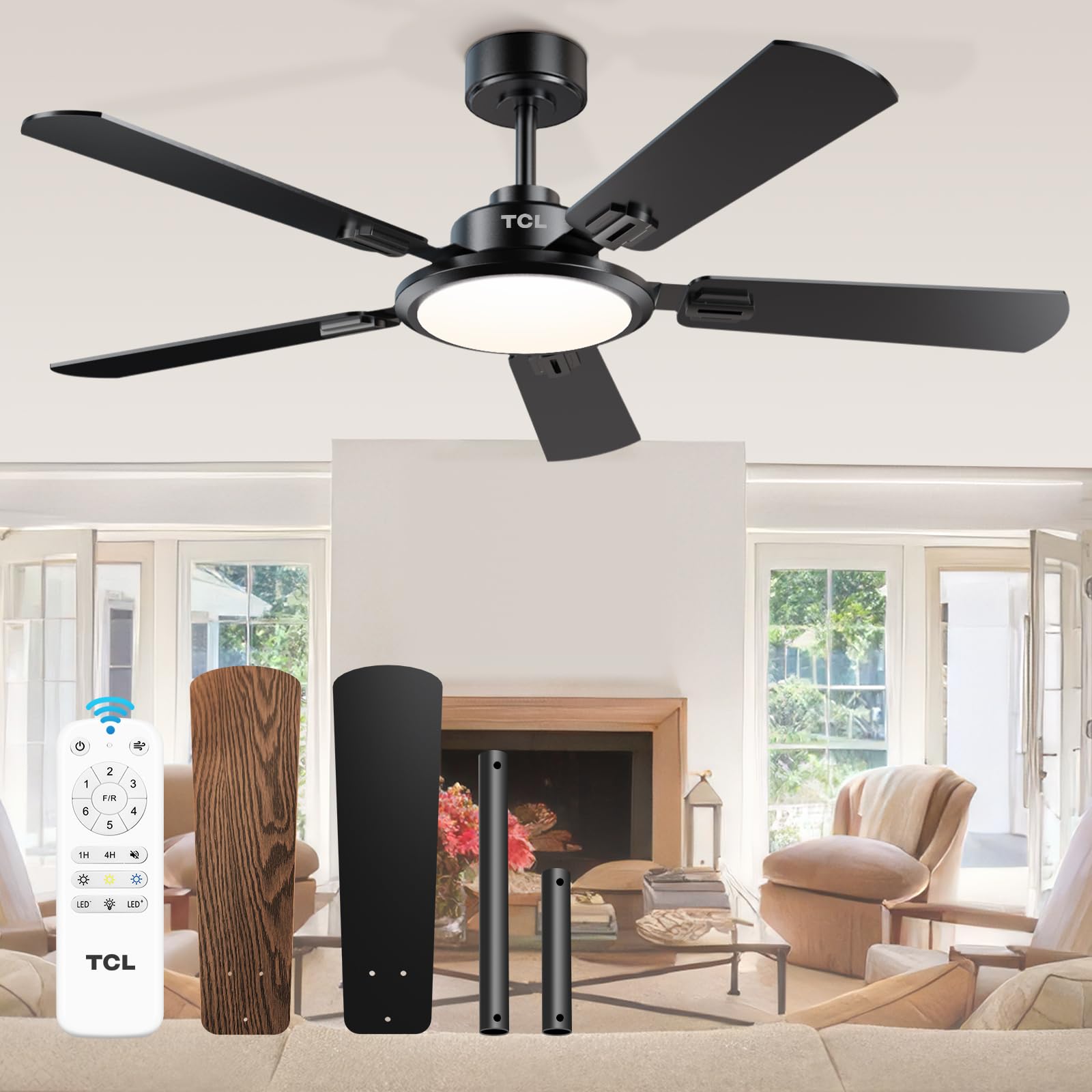 TCL Ceiling Fans with Lights 52 Inch Ceiling Fan with Light and Remote Control Reversible DC Motor Noiseless