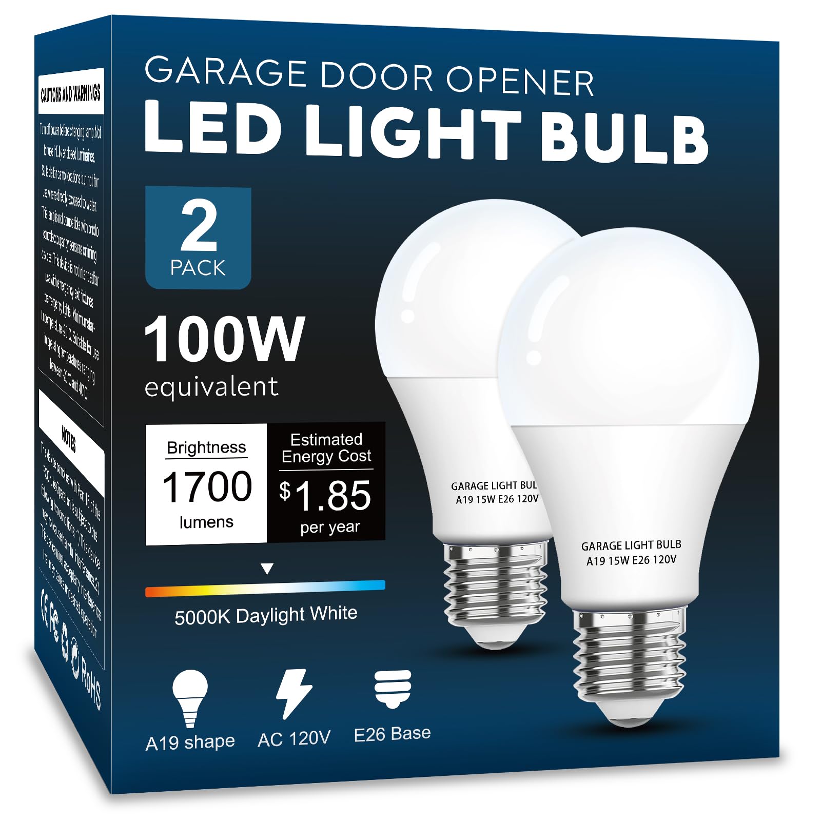 Garage Door Opener LED Light Bulb 2 Pack 15W Equivalent to 100W Garage Light Bulb A19 5000K Daylight