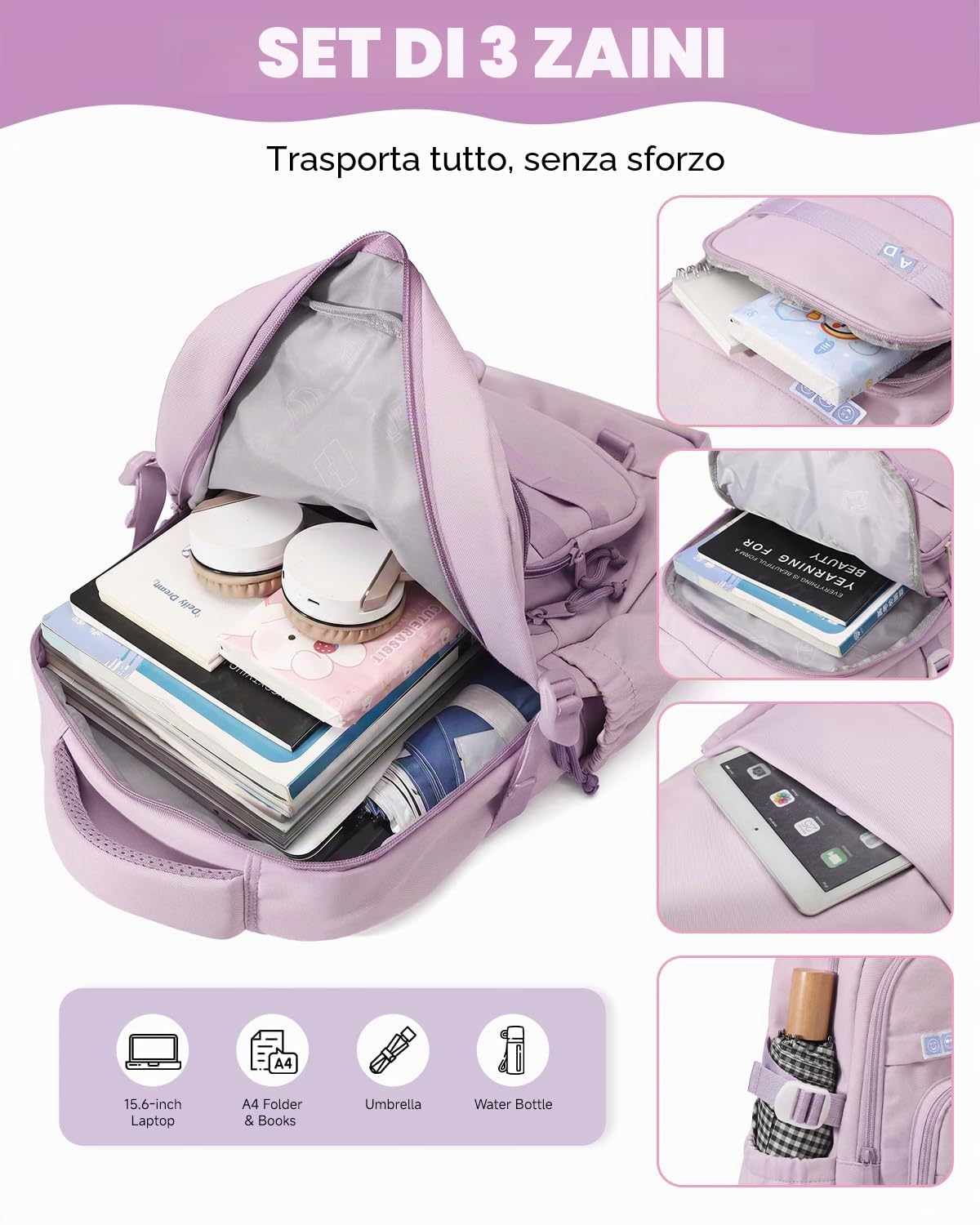 Amythe Zaino Ragazza per Scuola Elementare e Media - Set Zaino Scuola 3 Pezzi per Bambina con Borza Pranzo e Astuccio - Zaini da viaggio Leggero per Bambini 9-16 Anni -Viola