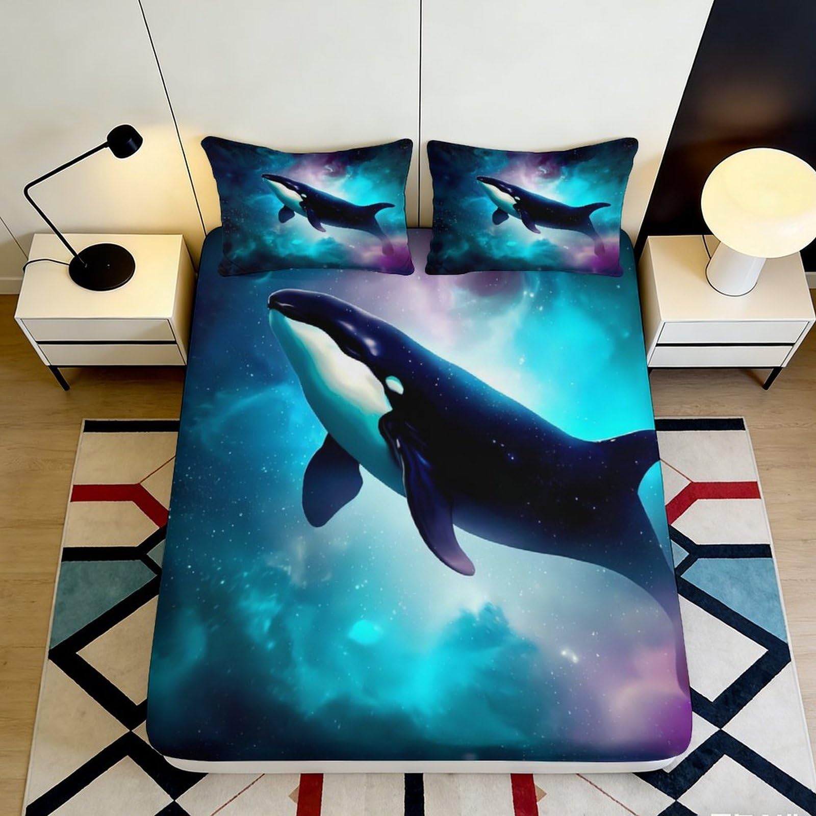3D Printed Whale Pattern Fitted Sheet Microfiber Deep Pocket Whale Mattress Fitted Cover Non-Slip Elastic Hem Bedding 200x200x25cm