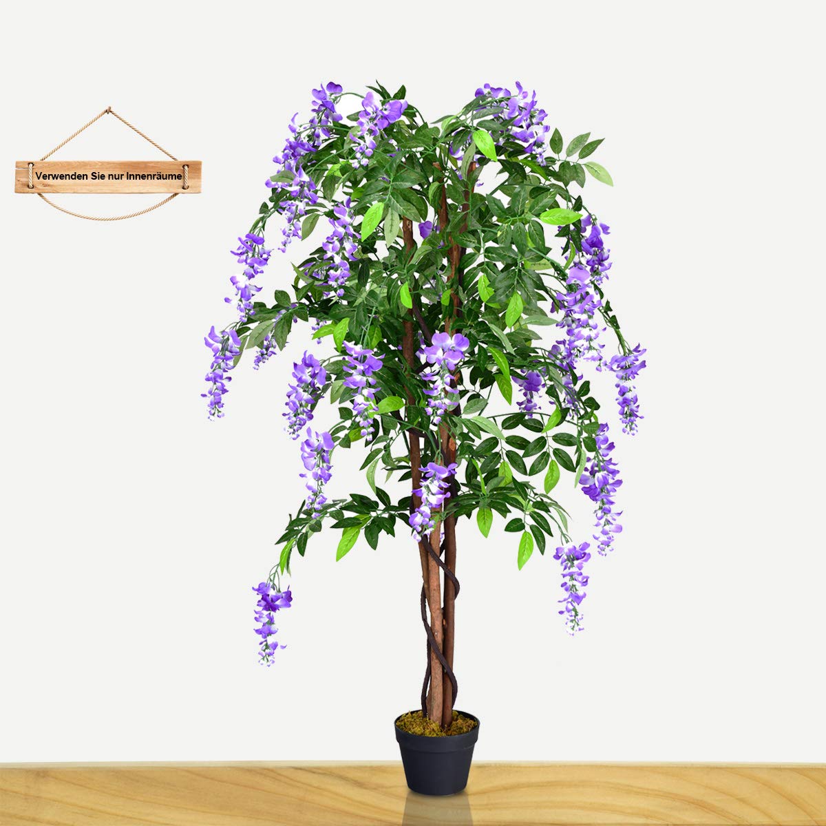 COSTWAY Kunstbaum mit Blüten, Kunstpflanze im Topf, Zimmerpflanze mit natürlichen Blättern & 3 Stämmen, Künstlicher Baum Kunstblume Lila, Dekopflanze künstlich, Grünpflanze 150 cm