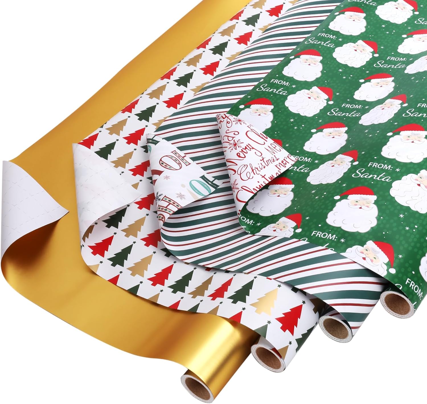 LaRibbons Christmas Wrapping Paper Set, From Santa/Large HO HO HO/Holiday Trees Design for Christmas, Season Party with 2 Trimming & 3 Gift Tags, 30 Inch X 10 Feet (4Rolls, 100 sq.ft.ttl.