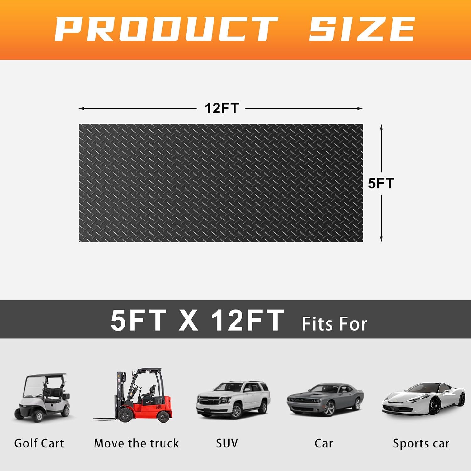 Boshen 5x12FT Garage Floor Mat, 2.5mm Thickened Diamond Plate PVC Rubber & Vinyl Flooring Roll, 60 SQFT Non-Slip Rubber Garage Mat for Floor Under Car Protection - Black