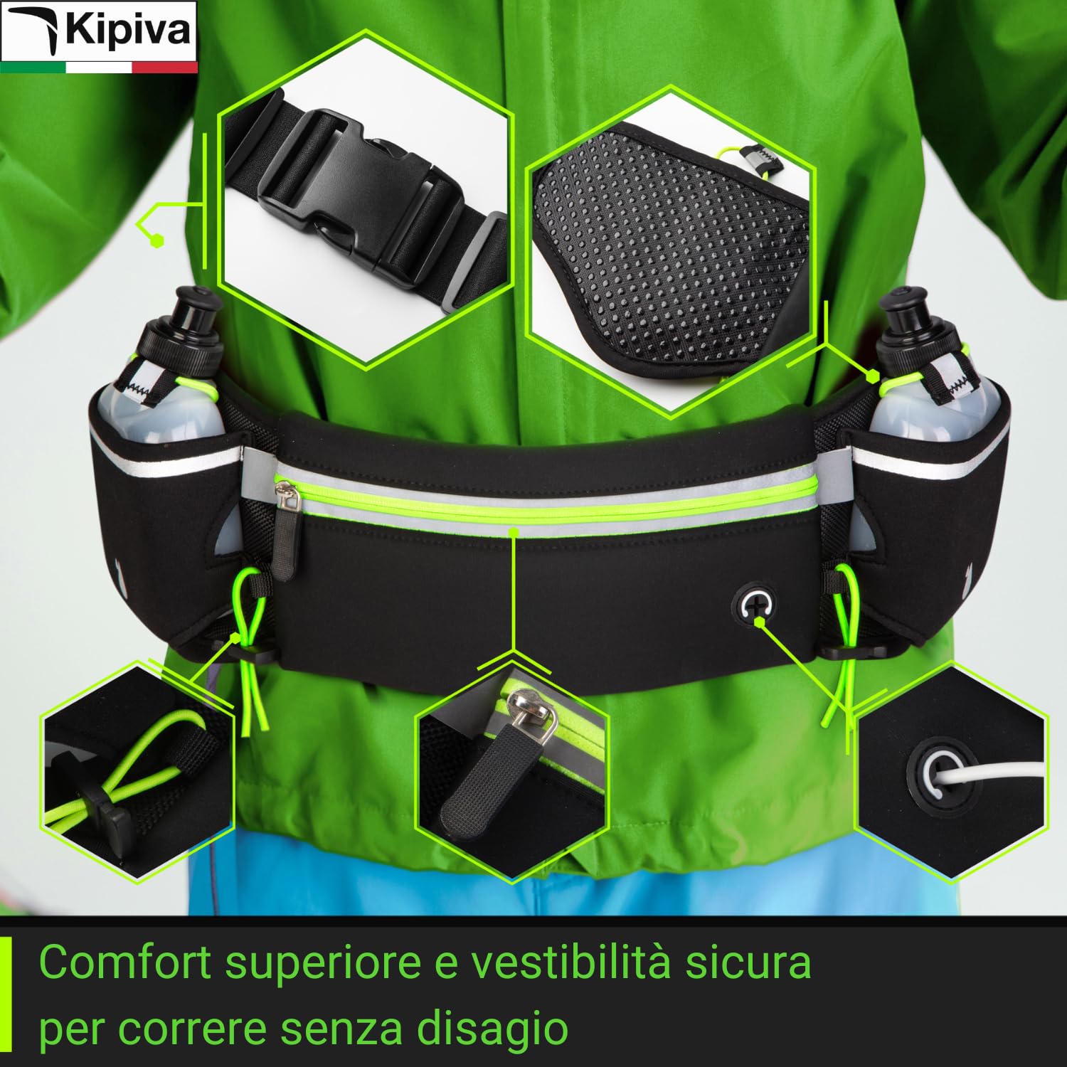Porta Acqua Running Verde Cintura Trail Running Marsupio con Portaborraccia 175 ml +2 Borracce Incluse