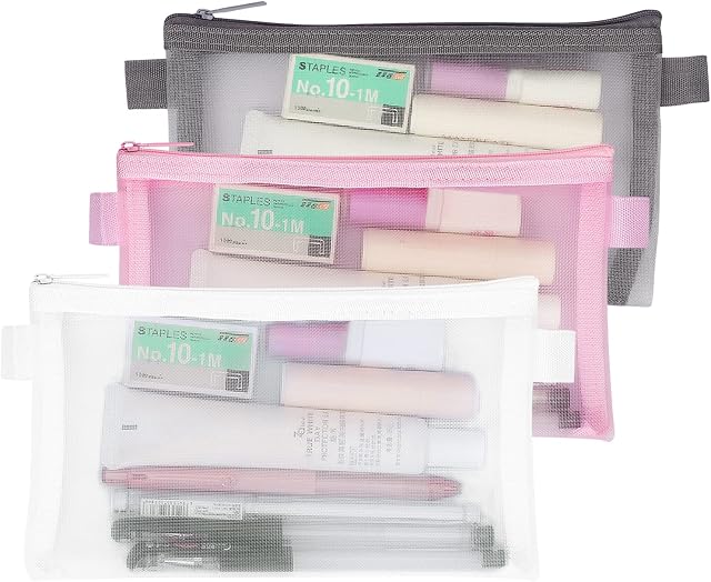 WWW 3 Pcs Pencil Case Set, Clear Durable Pen Carrying Case with Zipper, Nylon Pencil Storage Pouch, Makeup Cosmetic Bag for Women, Portable Office Stationery Pouch for Students Adults Grey+White+Pink