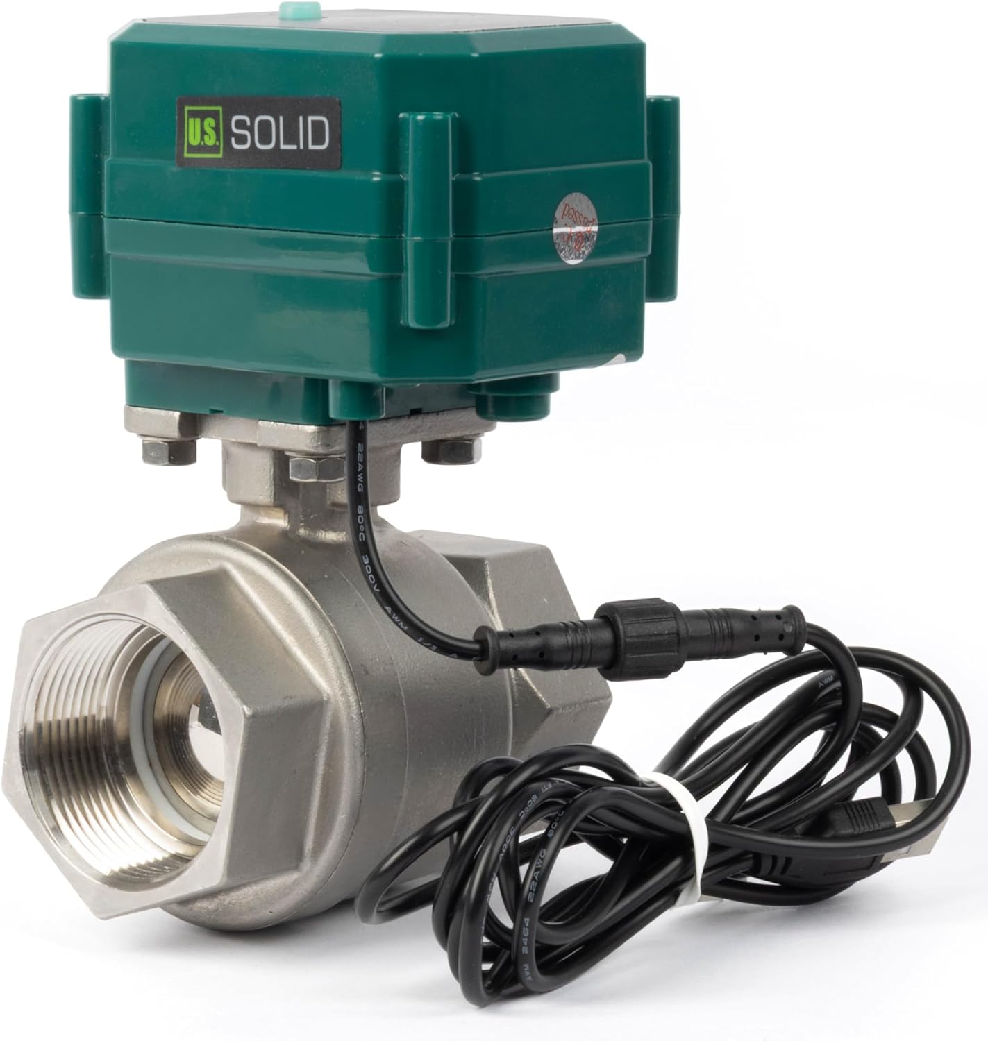 U.S. Solid 1-1/2" Smart Motorized Ball Valve - Remote App Mobile Control NSF Certified 304SS Electrical Ball Valve with Manual Switch, 5V DC USB Connection