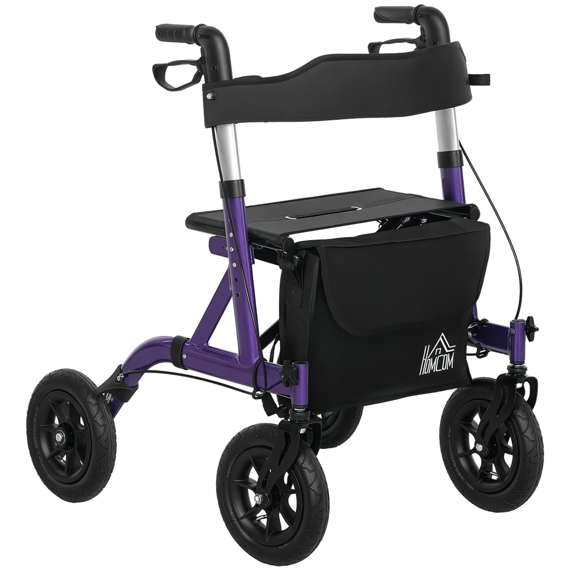 Homcom Unisex Purple Rollator Walker With Seat, Backrest, Bag, All-Terrain Wheels In