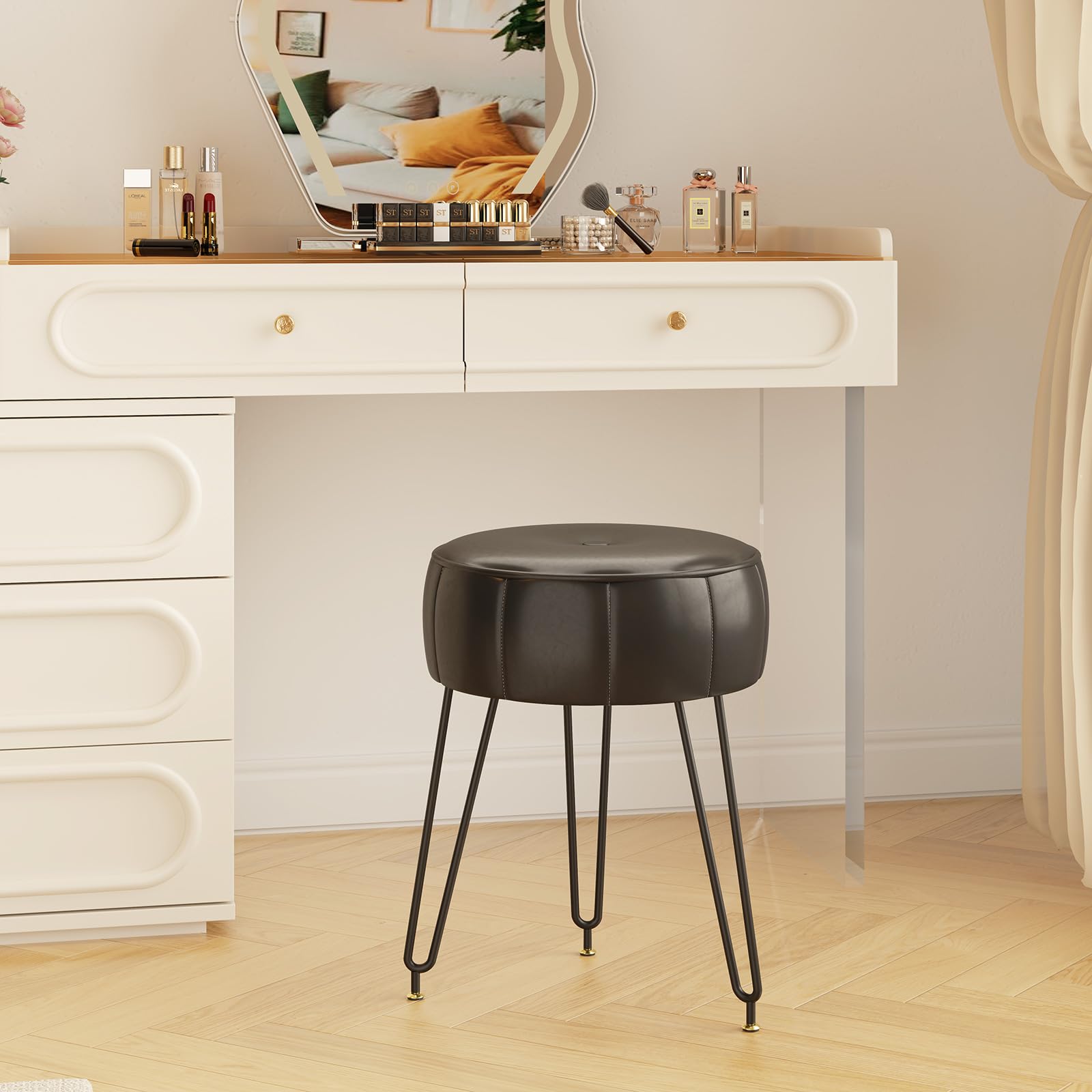 YMYNY Sgabello Rotondo, Stile Ottomano Zucca, Sgabello Cambio Scarpe Con Gambe In Metallo Regolabile 360 ° Superficie In Pelle Cerata Sedia Per Camera Da Letto, Soggiorno 32 x 32 x 44CM Nero HBD036B