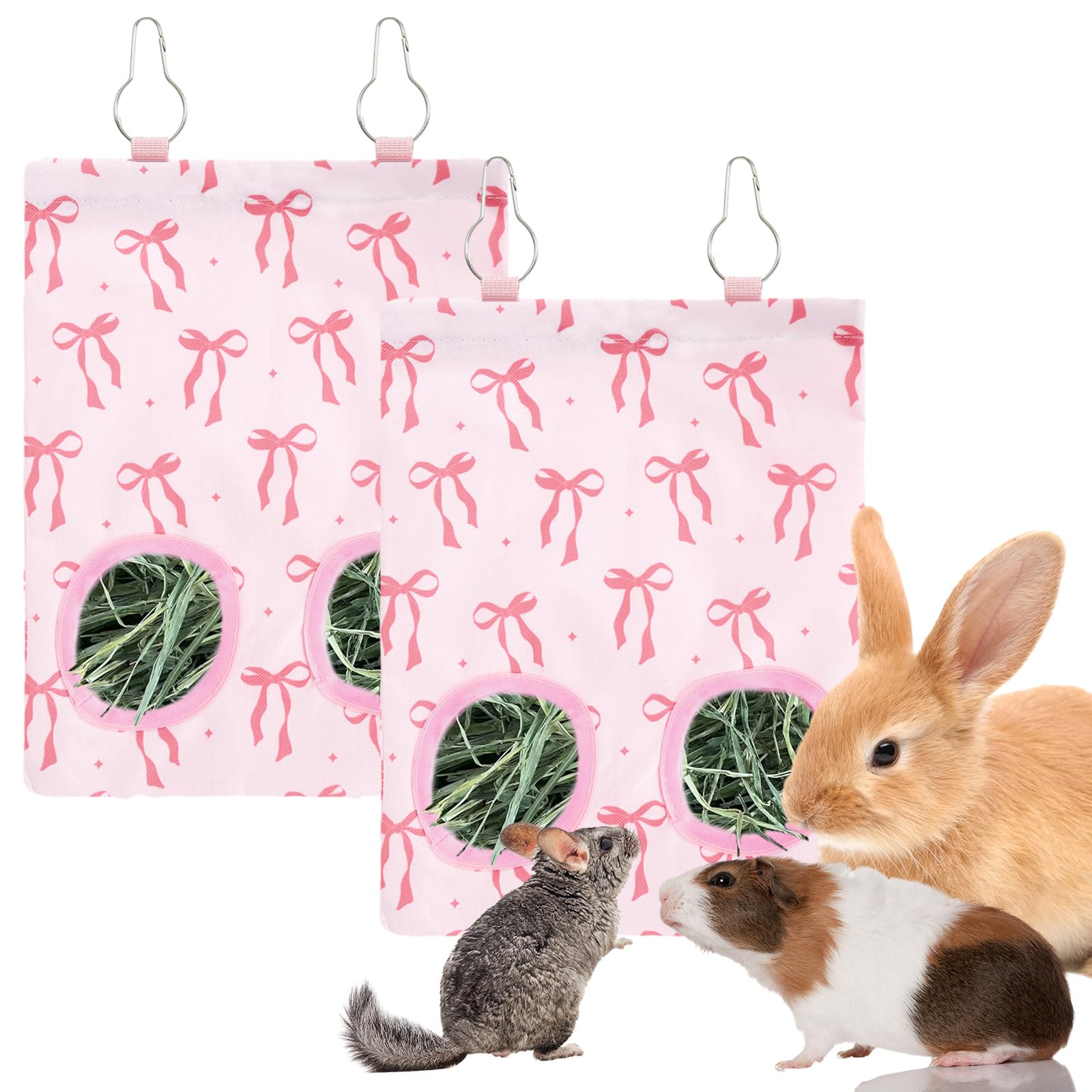 JarThenaAMCS 2Pcs Rabbit Hay Feeder Bag with 2 Holes Pink Bow Guinea Pig Hanging Hay Feeding Bag Storage Dispenser for Chinchilla Hamster Bunny Small Animal Pet